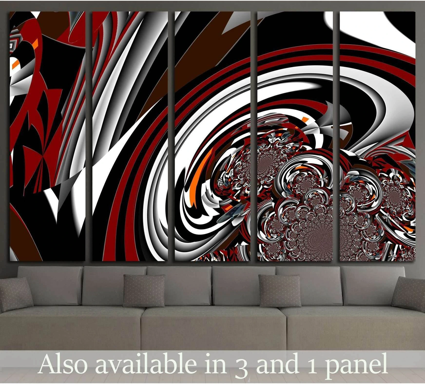 Red black white fractal abstract canvas print with swirling spiral forms above a sofa in a modern living room