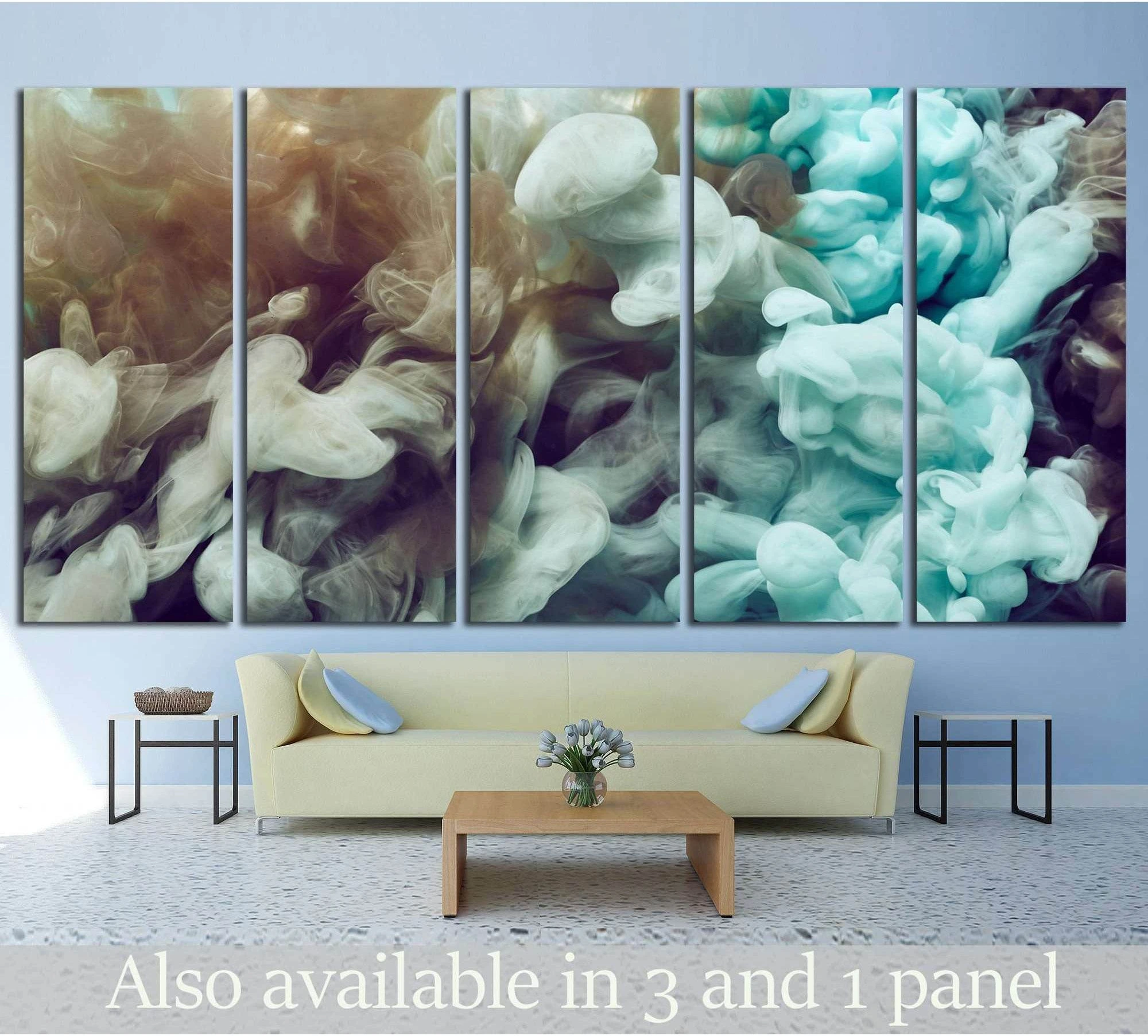 Five-panel abstract ink canvas print with aqua, beige, and white smoke-like swirls above a sofa