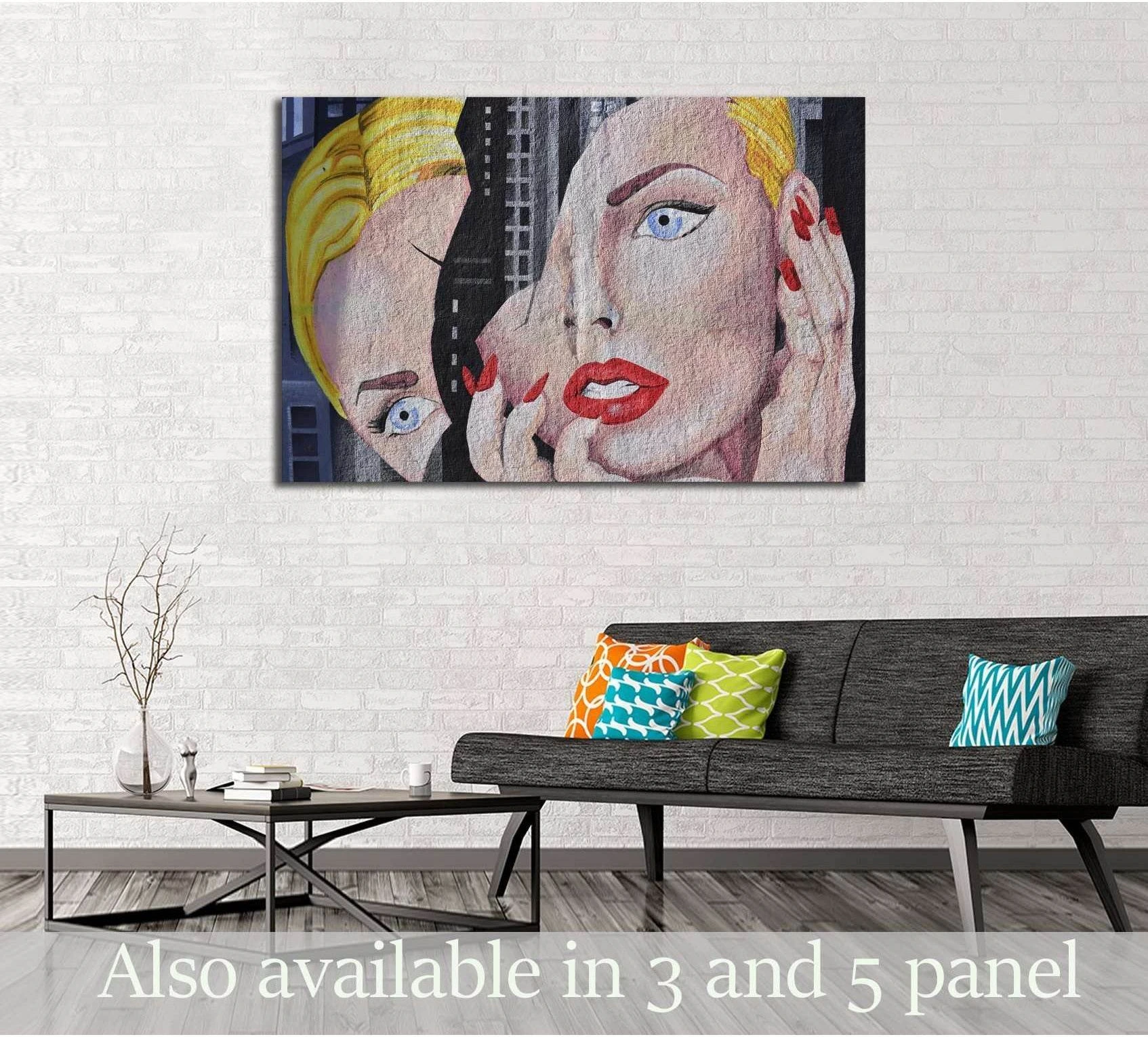 Blonde pop art canvas print with red lips and blue eyes above a sofa in a modern living room