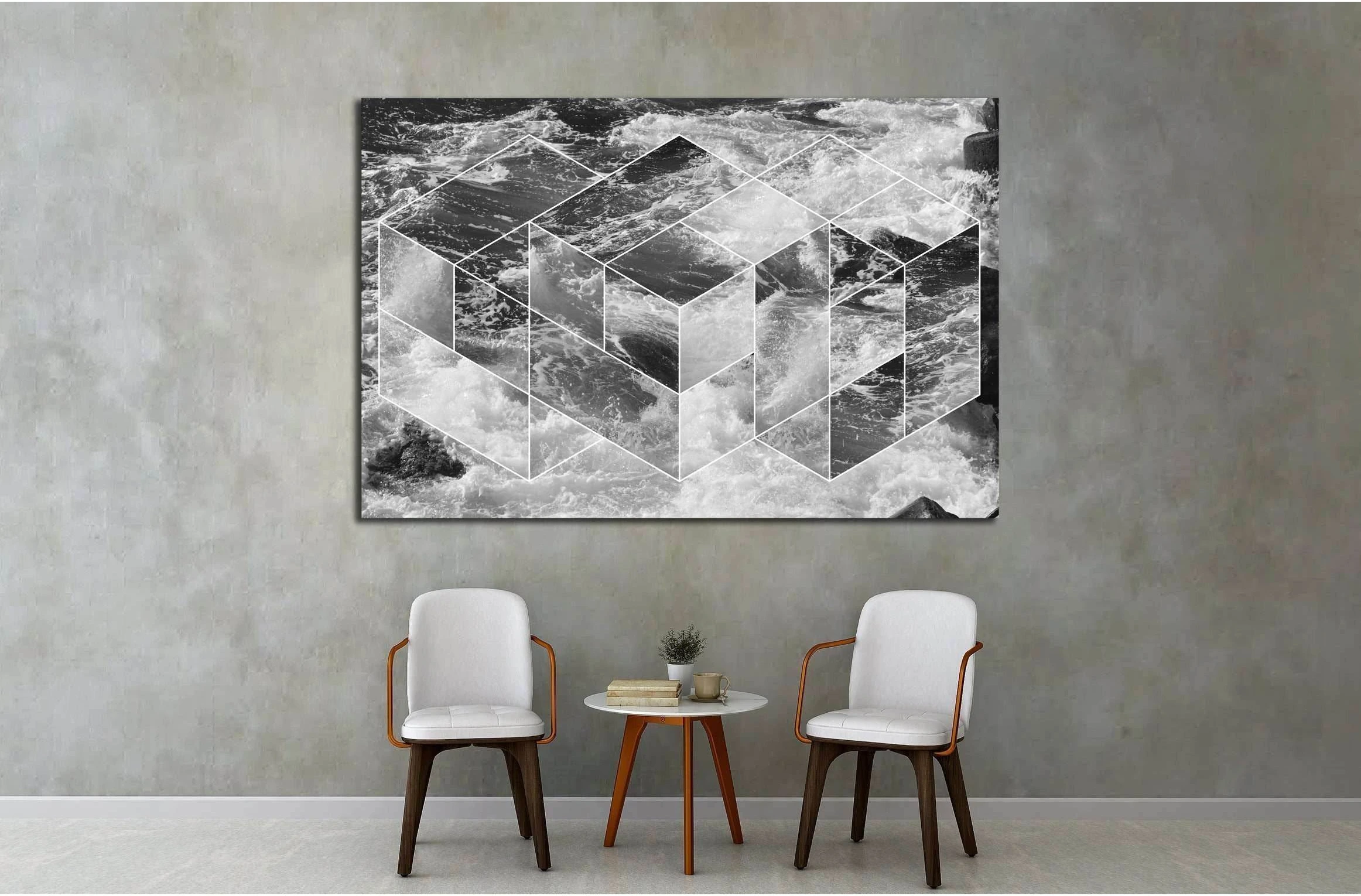 abstract sea geometric background, water waves. black and white №2540 Ready to Hang Canvas Print - Zellart Canvas Prints ALL_Products, s-2540