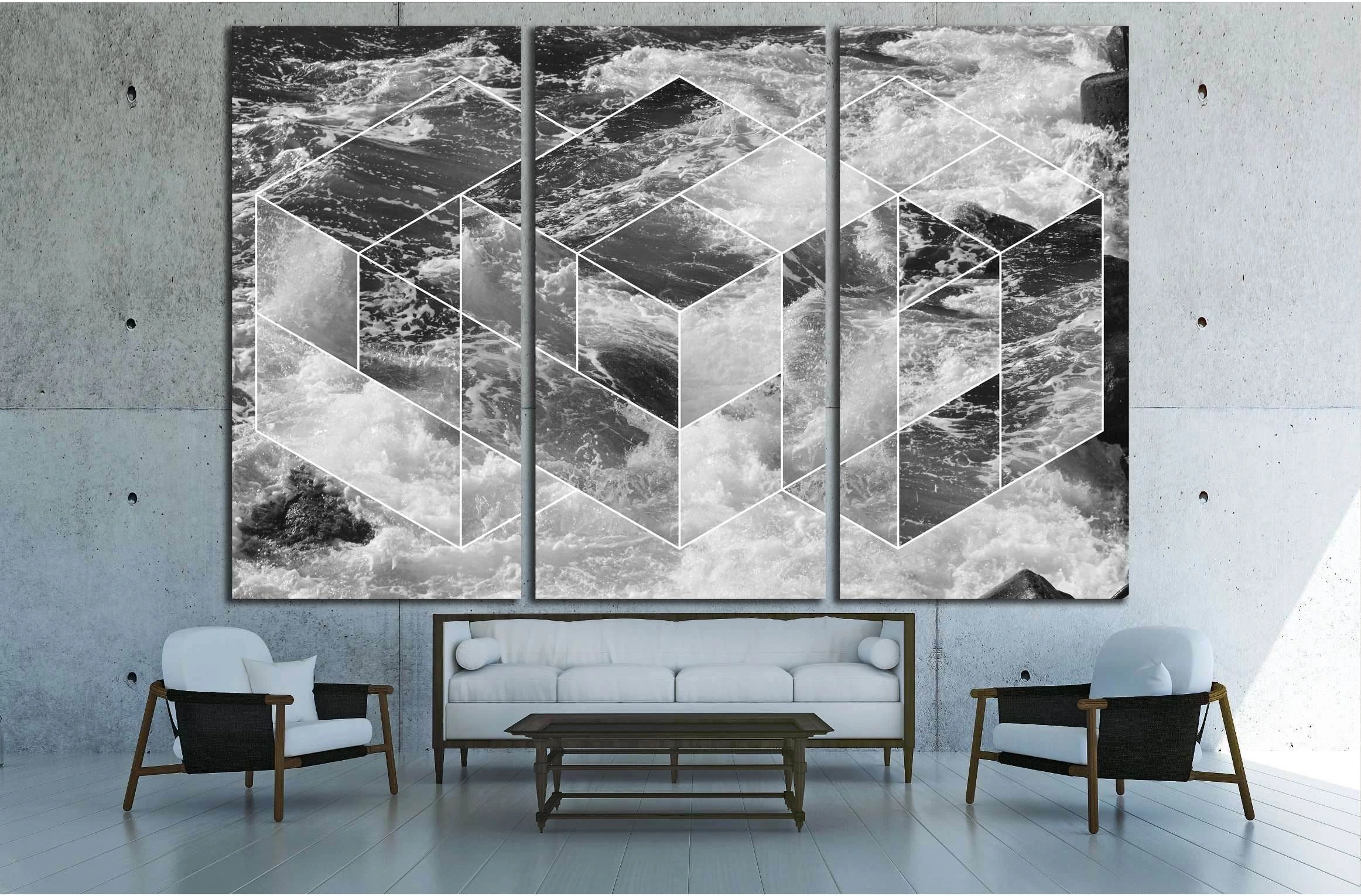 abstract sea geometric background, water waves. black and white №2540 Ready to Hang Canvas Print - Zellart Canvas Prints ALL_Products, s-2540