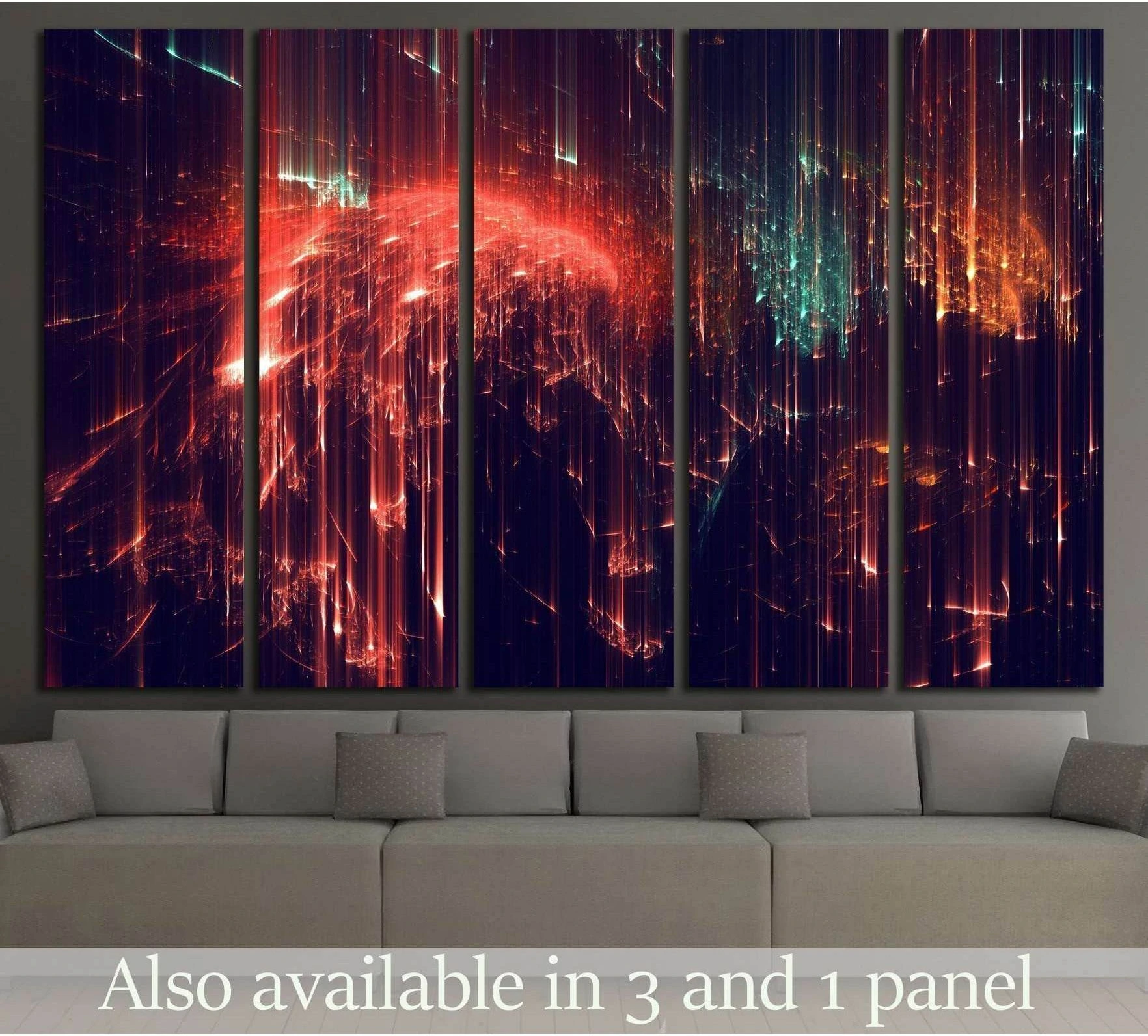 Abstract fractal canvas print with red, teal, and amber light streaks above a sofa in a modern living room