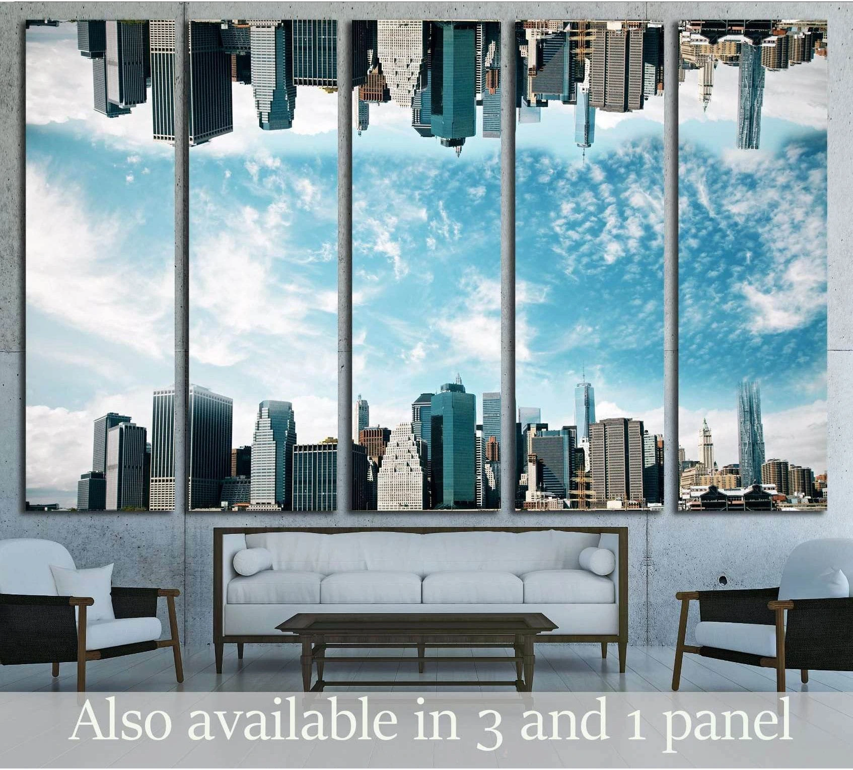 Upside down cityscape canvas print in 5 panels above a sofa with blue sky and mirrored skyline