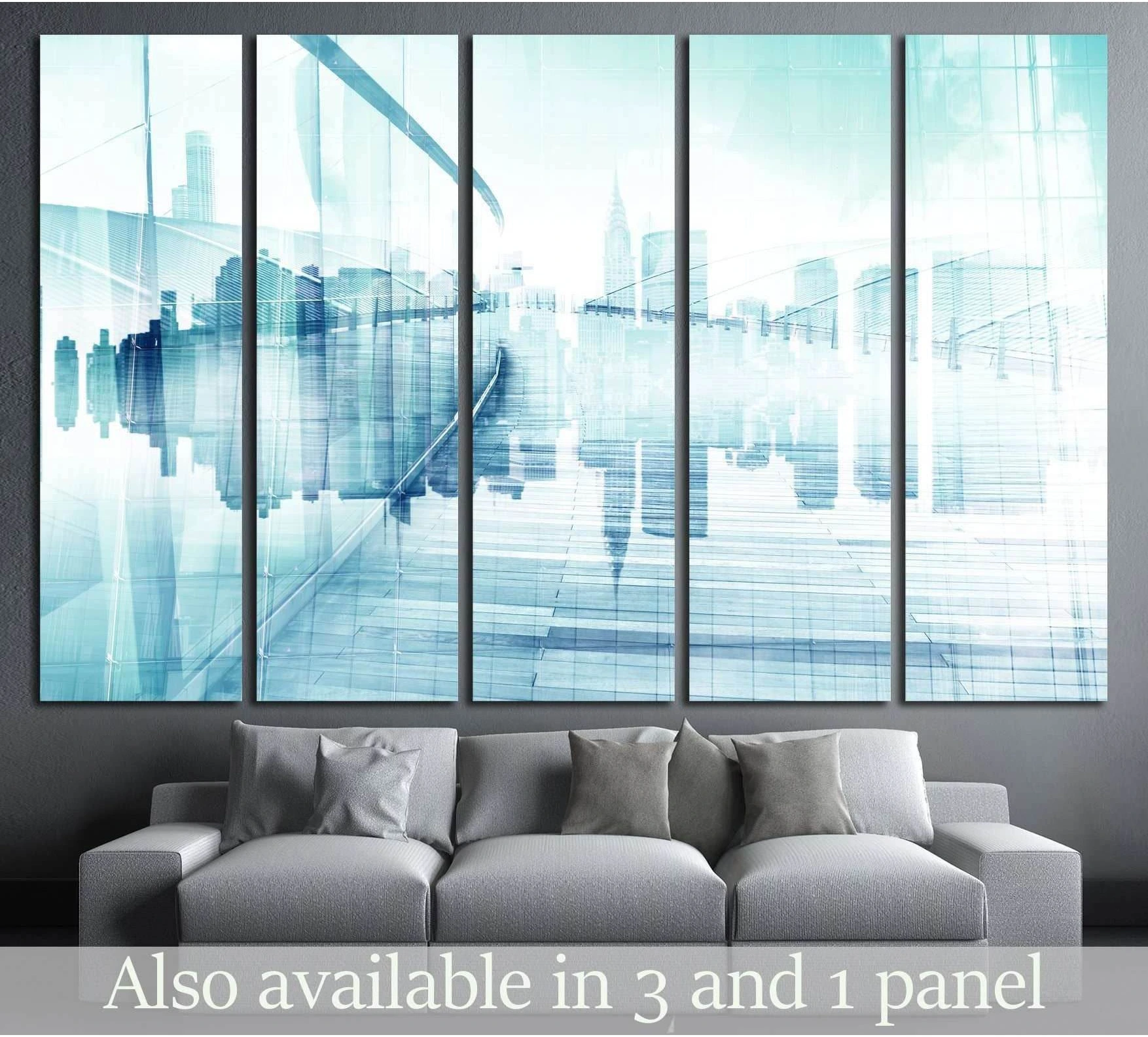 Abstract teal cityscape canvas print with mirrored skyscrapers above a gray sofa in a modern living room