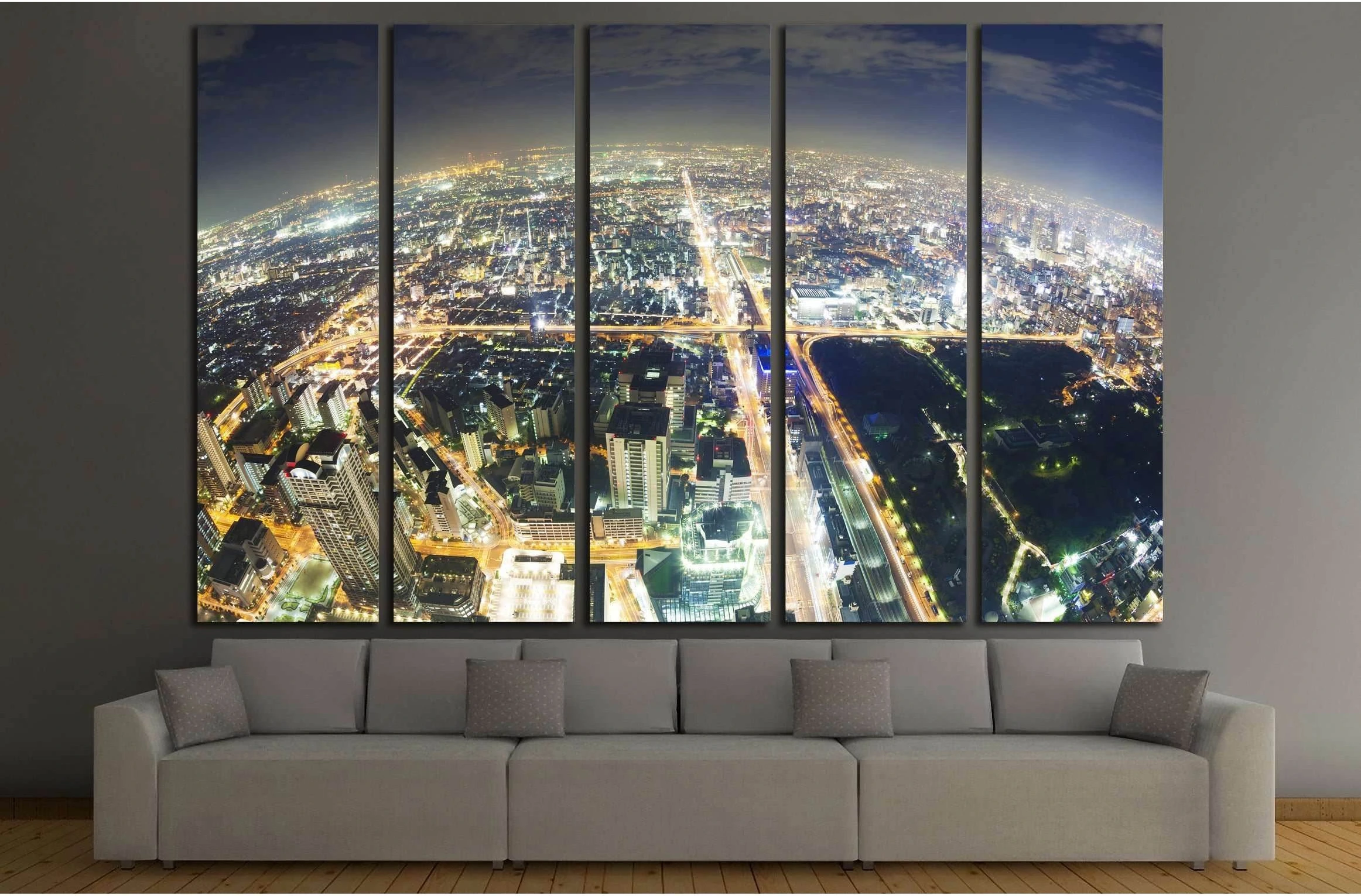 Aerial fisheye view of buildings in Osaka in Japan at night №2658 Ready to Hang Canvas Print - Zellart Canvas Prints ALL_Products, s-2658