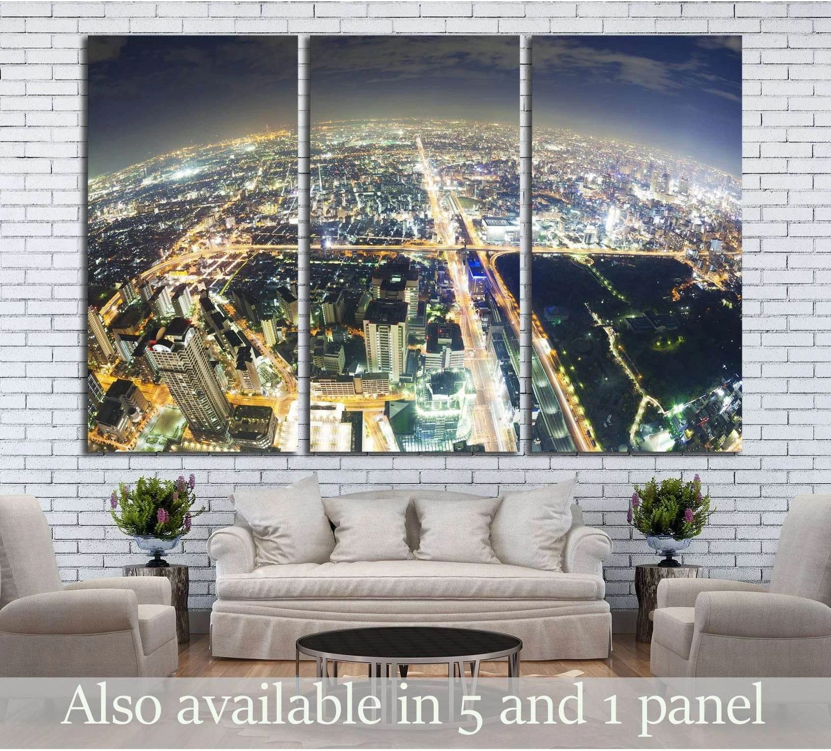Osaka night skyline triptych canvas print with fisheye aerial city lights above a sofa
