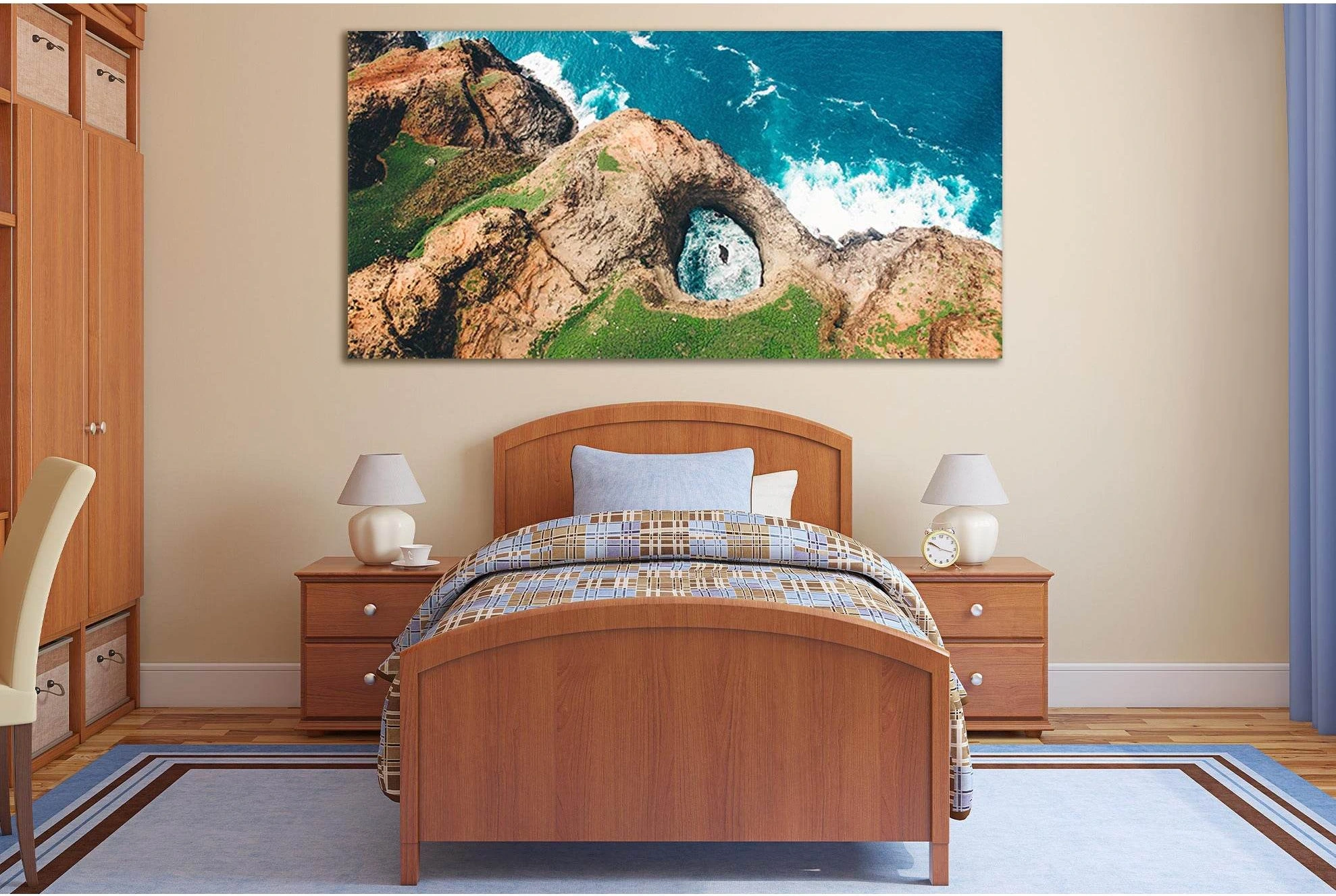 Aerial Rocky Ocean Shore Canvas Print with Deep Blue Surf showing ocean water, wave movement and surf.