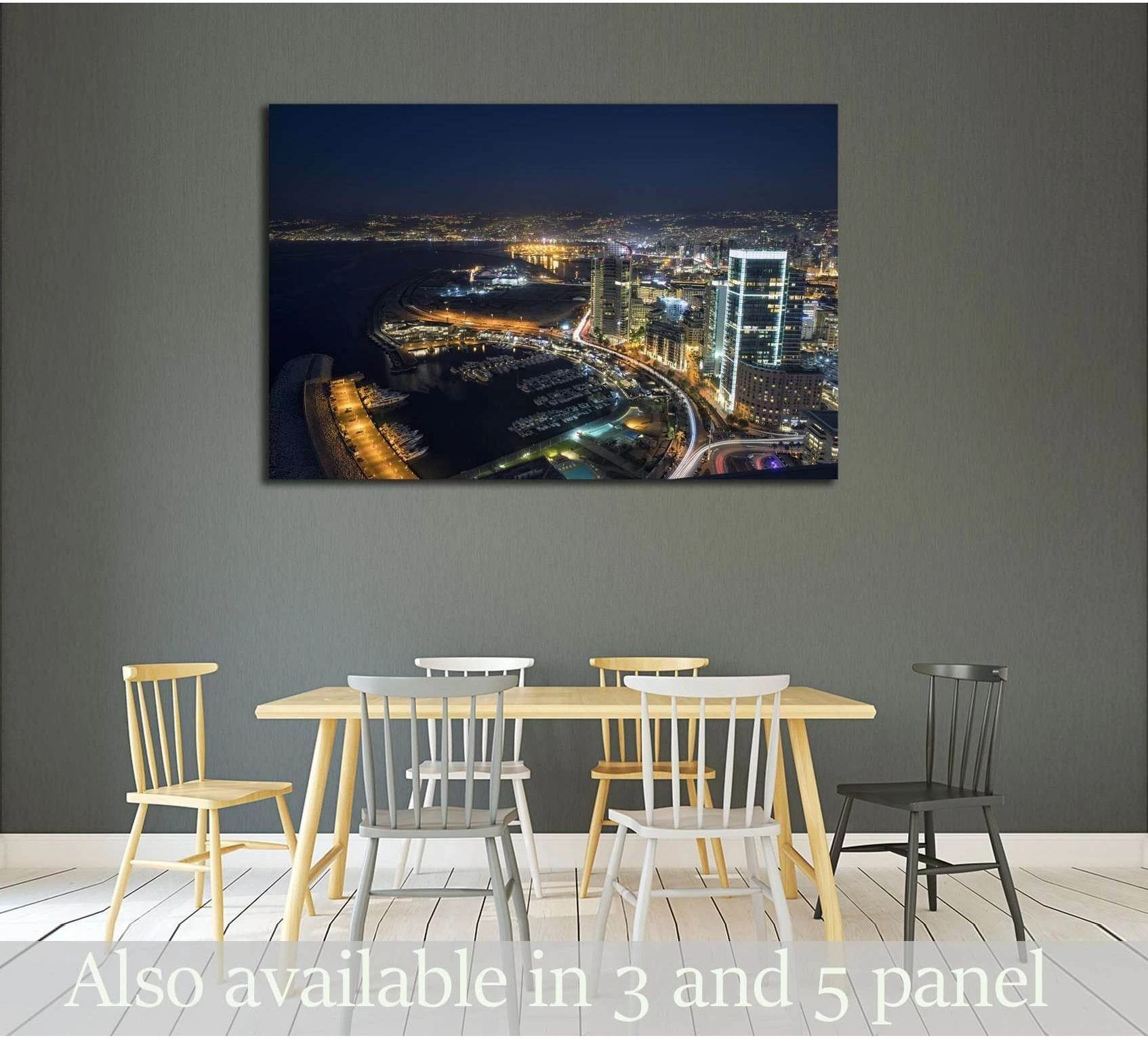 Aerial Beirut night skyline canvas print with marina lights above dining table in modern room