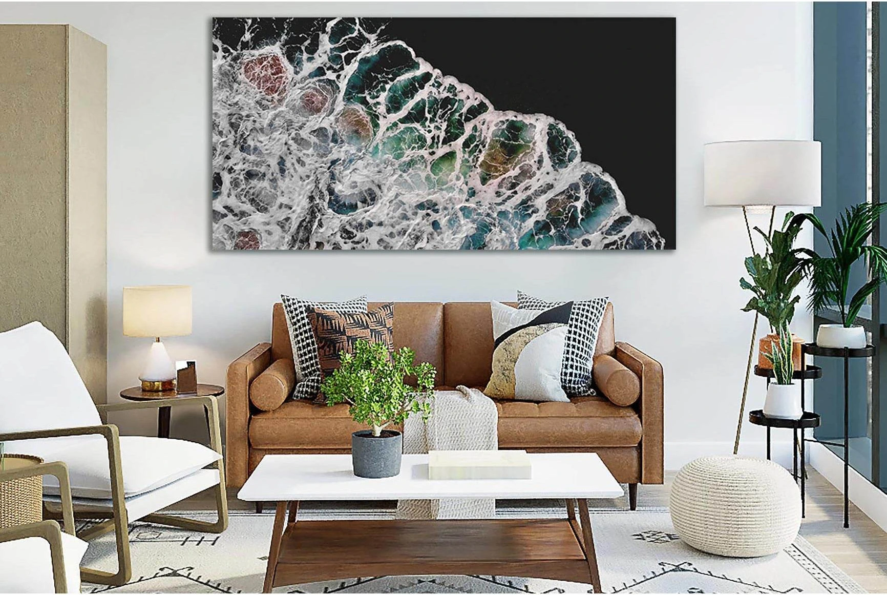 Seafoam Ocean Waves Canvas Wall Art in Turquoise Teal showing ocean water, wave movement and surf.