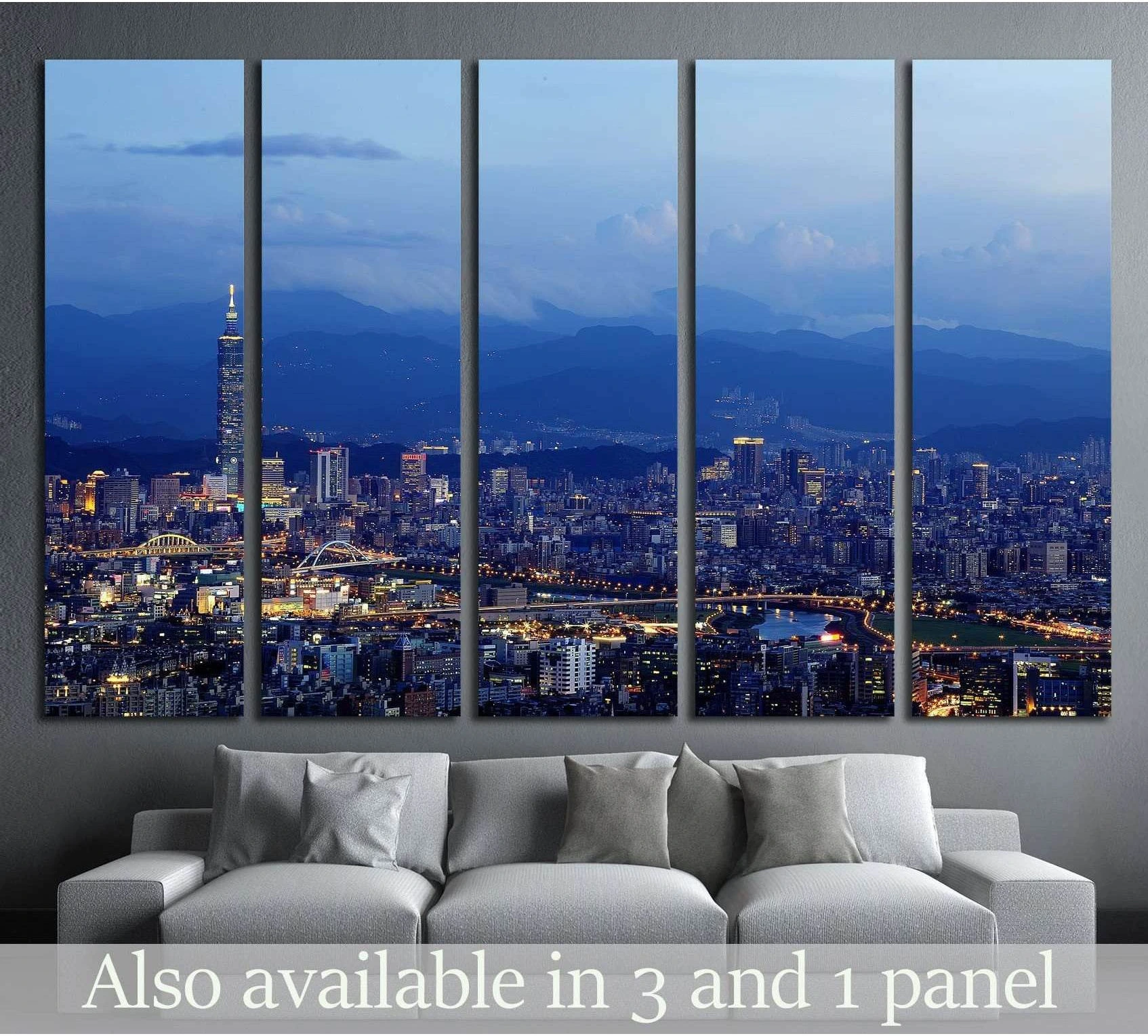 Taipei skyline canvas print with Taipei 101 at dusk, displayed as a five-panel artwork above a gray sofa