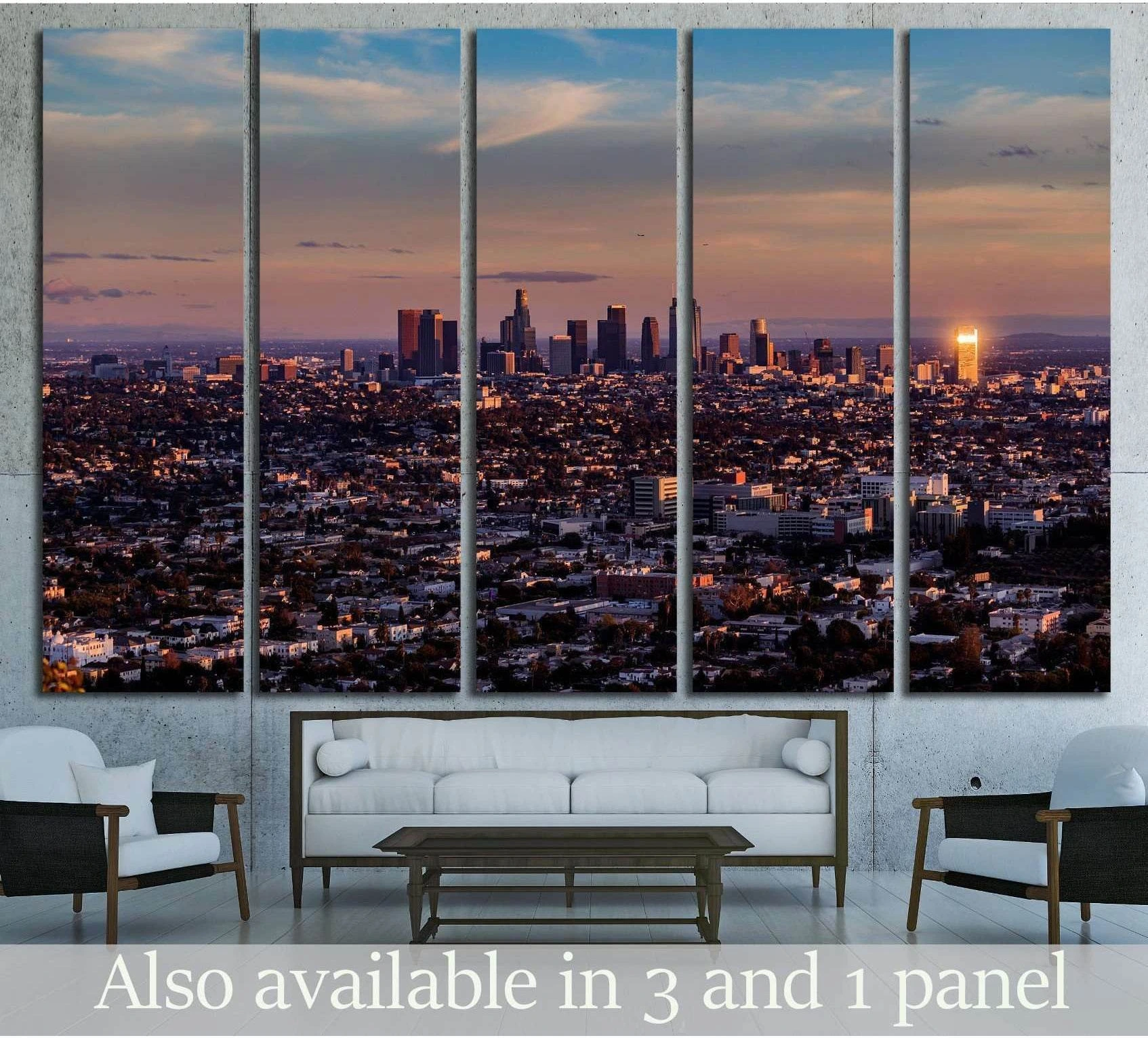 Downtown Los Angeles skyline sunset canvas print in five panels above a sofa in a modern living room