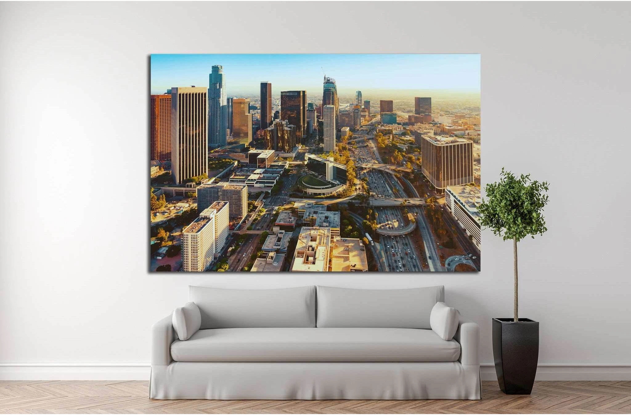 Aerial view of a Downtown Los Angeles at sunset №1253 Ready to Hang Canvas Print - Zellart Canvas Prints ALL_Products, s-1253