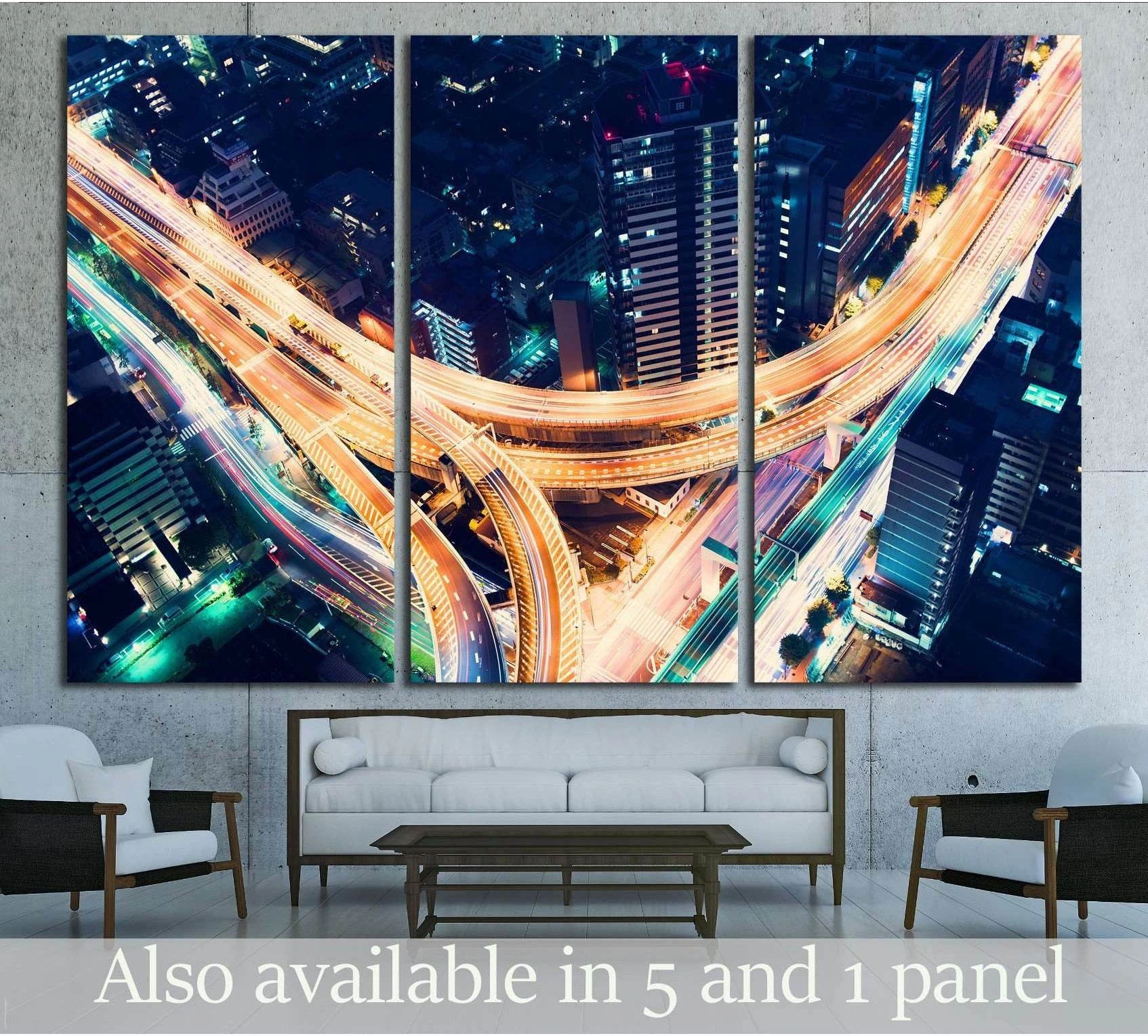 Aerial Shinjuku highway interchange triptych canvas print above sofa in modern living room