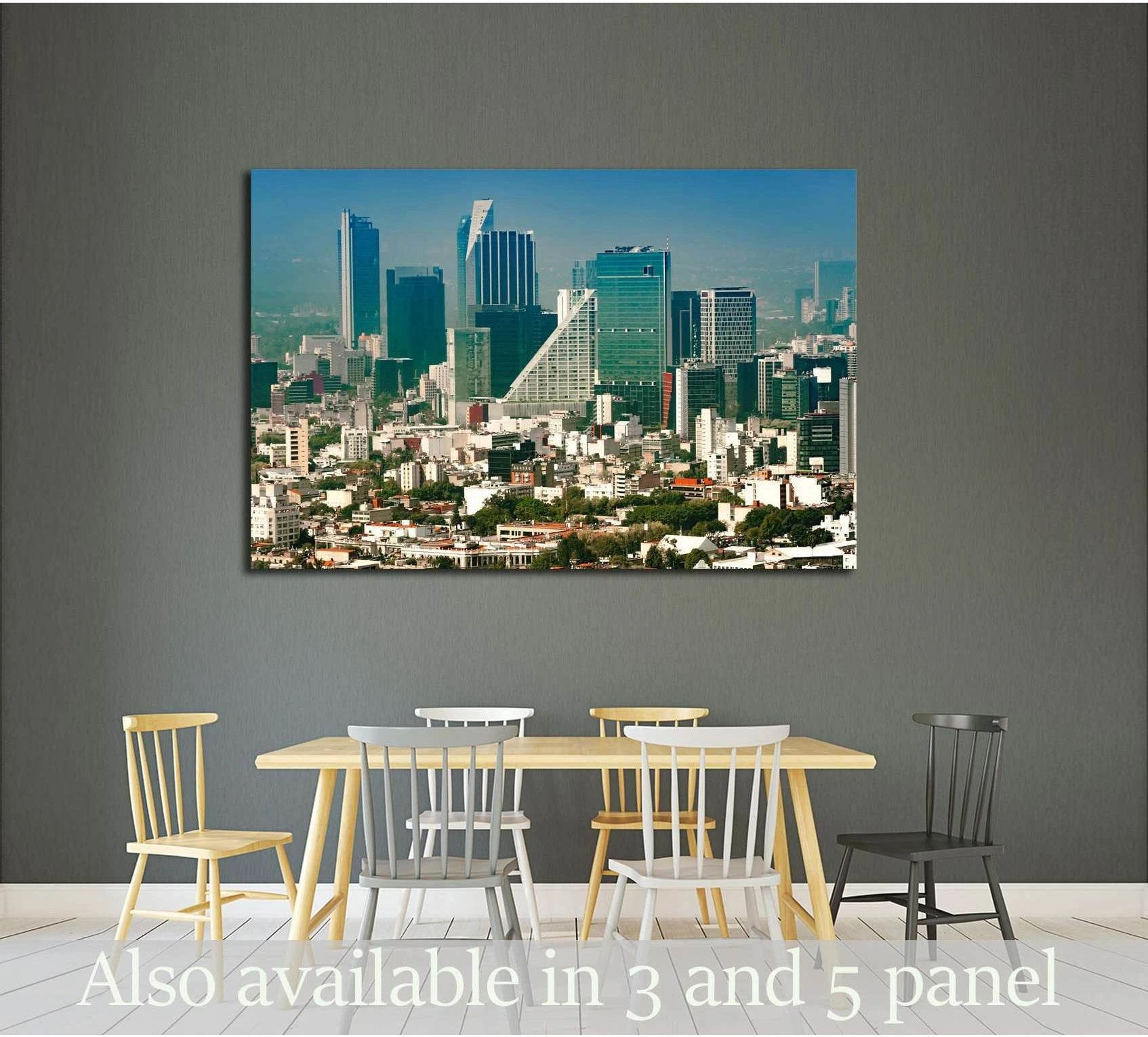 Mexico City skyline canvas print of Colonia Juarez hung above a dining table on a gray wall