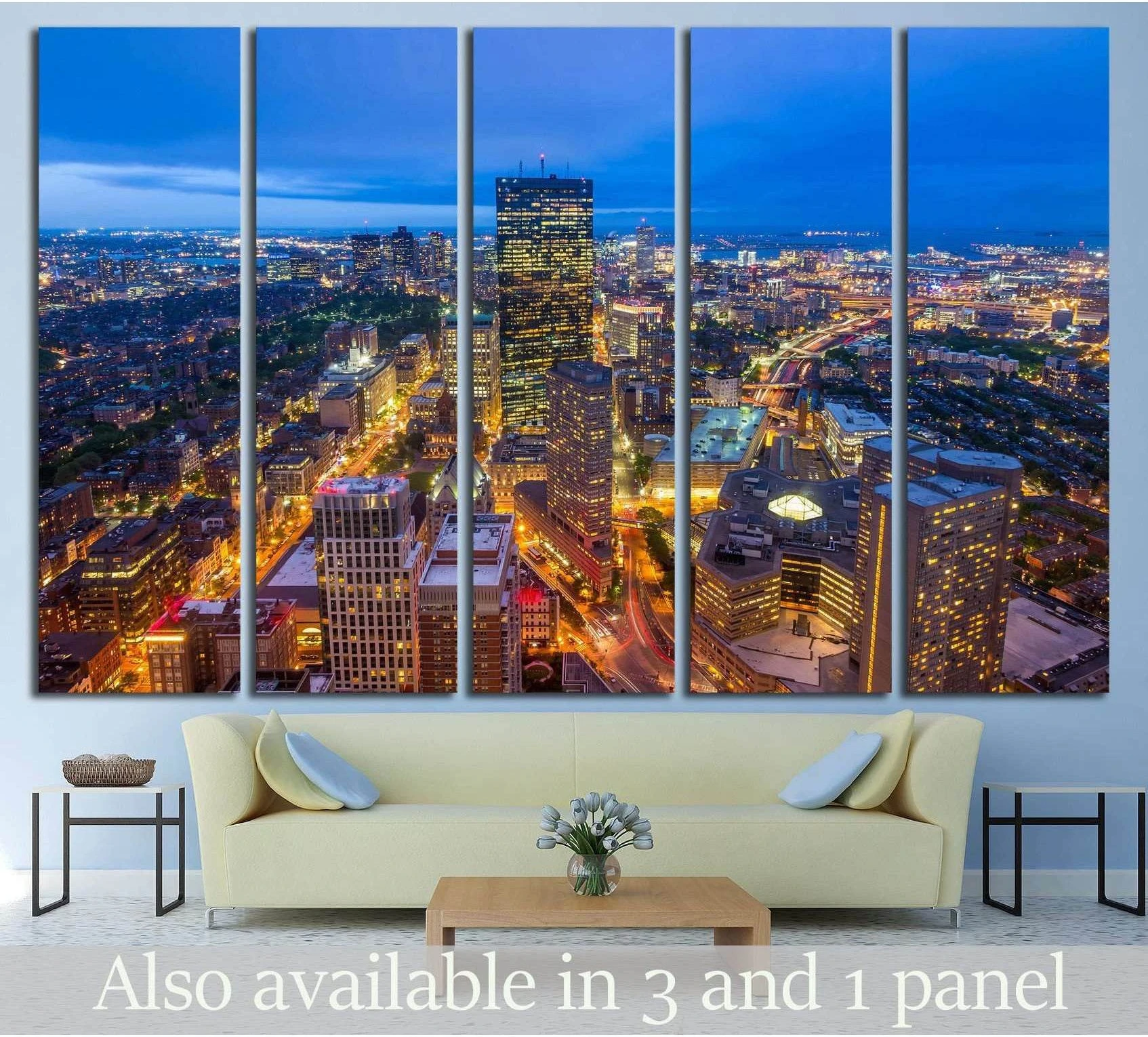 Boston skyline aerial night canvas print above a sofa in a modern living room mockup