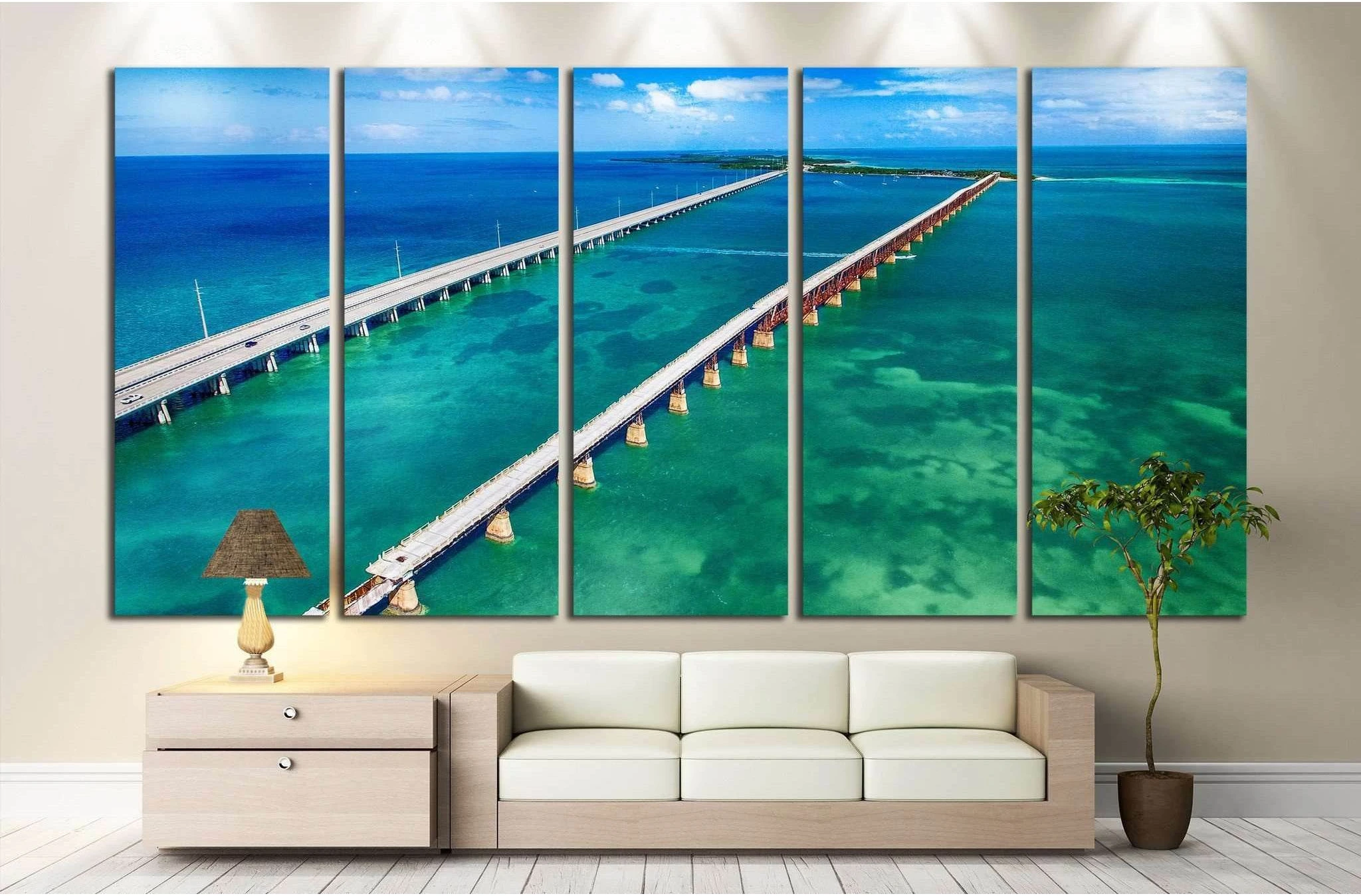 Aerial view of Bridge connecting Keys, Florida №1312 Ready to Hang Canvas Print - Zellart Canvas Prints ALL_Products, s-1312