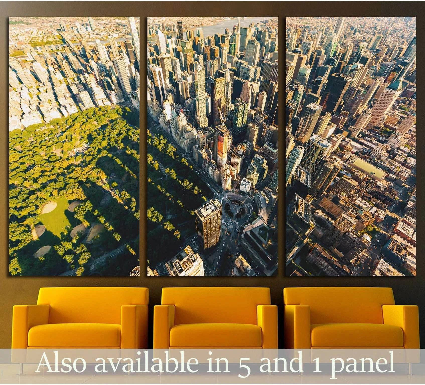 Triptych Central Park aerial canvas print at sunset above chairs in a modern waiting room