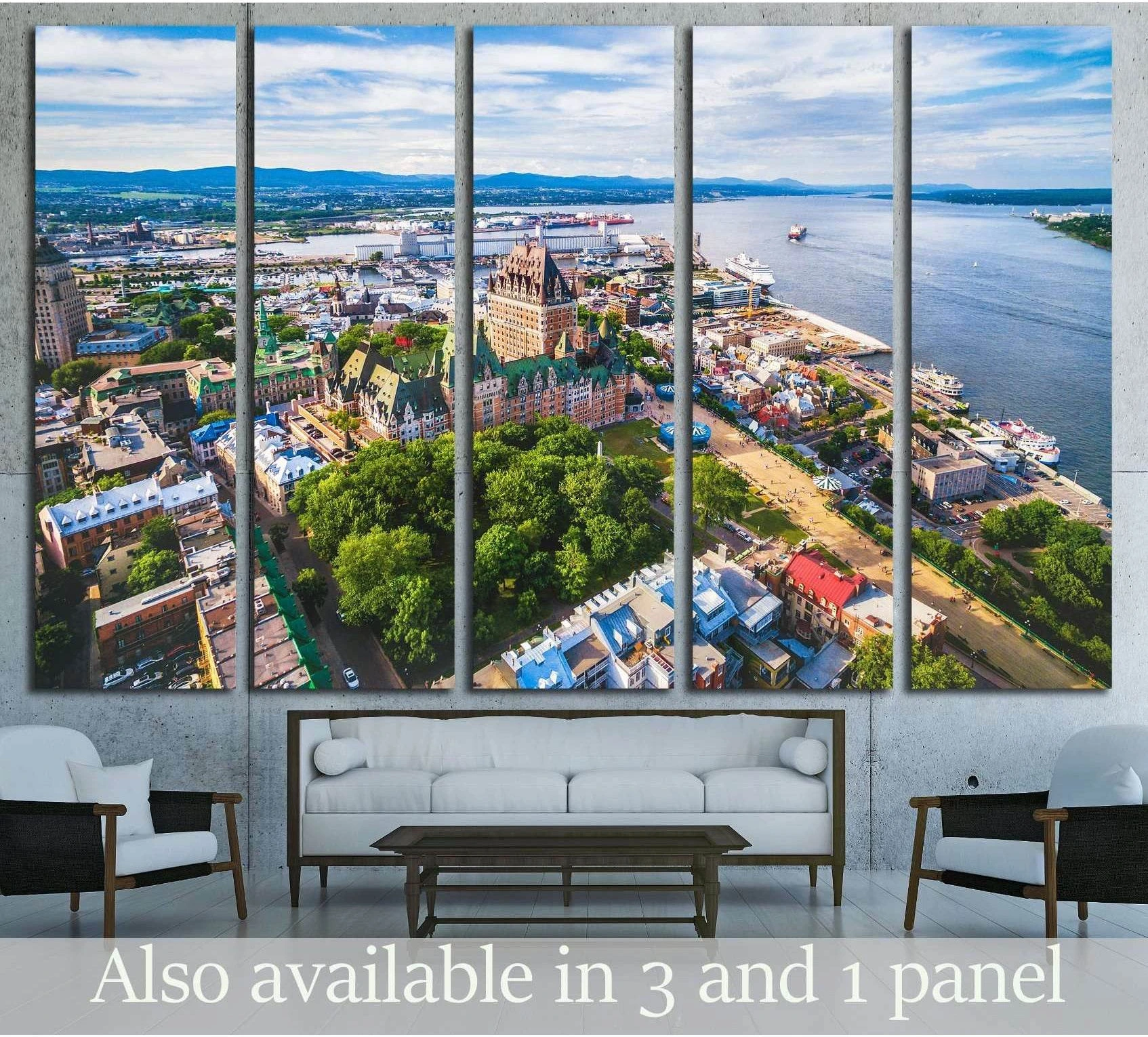 Five-panel Quebec City canvas print with Chateau Frontenac above sofa in modern living room