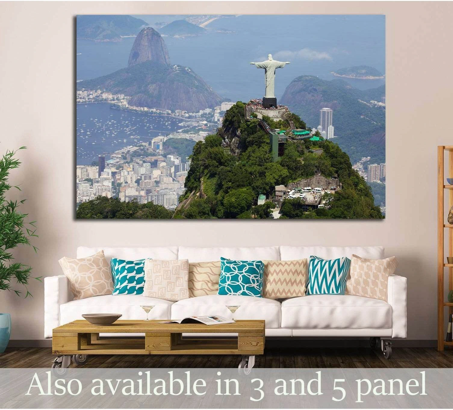 Christ the Redeemer canvas print above sofa with Rio de Janeiro and Corcovado Mountain aerial view