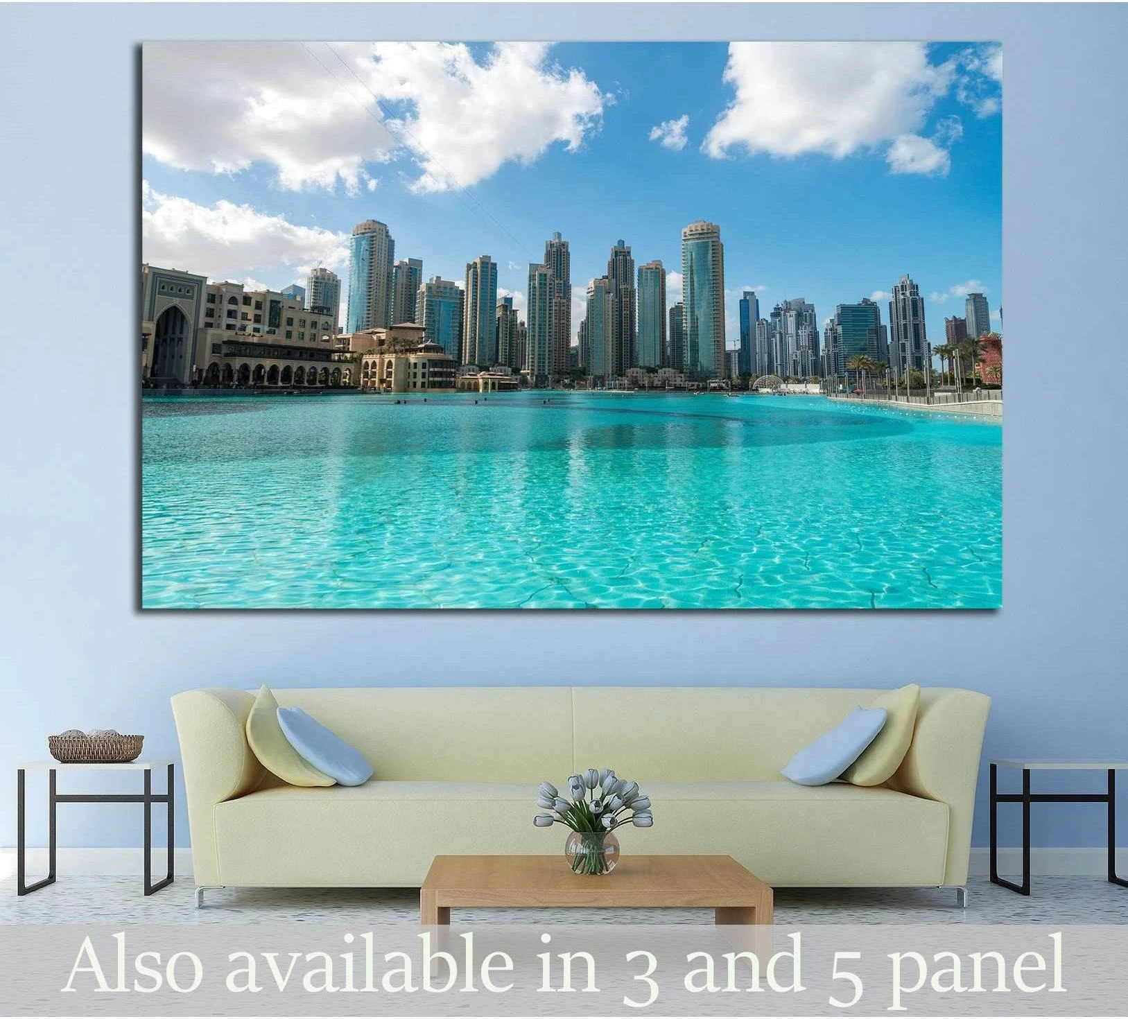 Aerial view of Dubai skyline, UAE showing blue ocean wall art with water and coastal depth.
