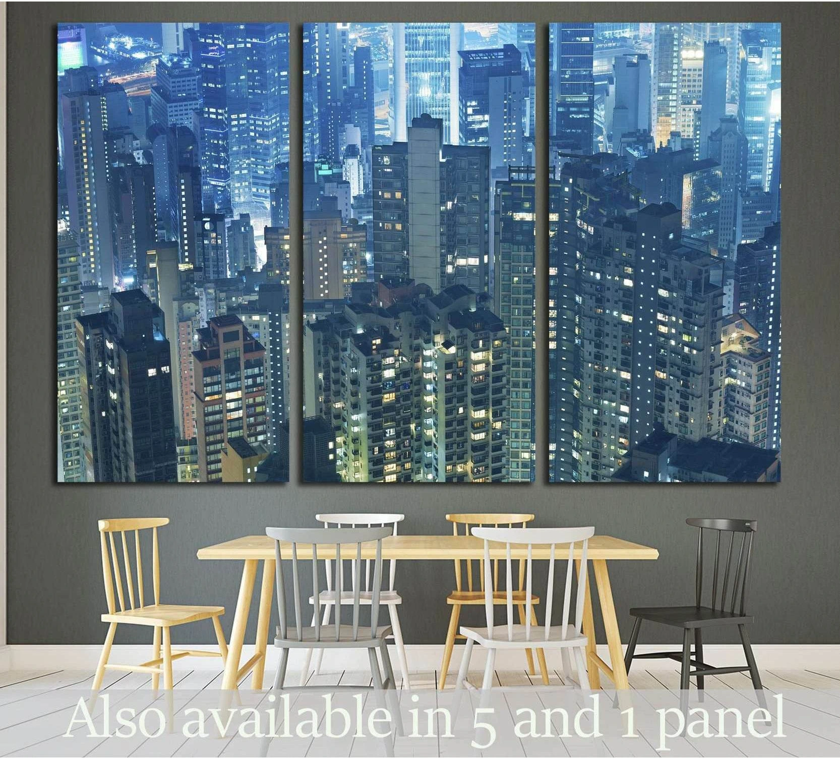 Hong Kong skyline aerial view canvas print in a blue triptych above a dining table
