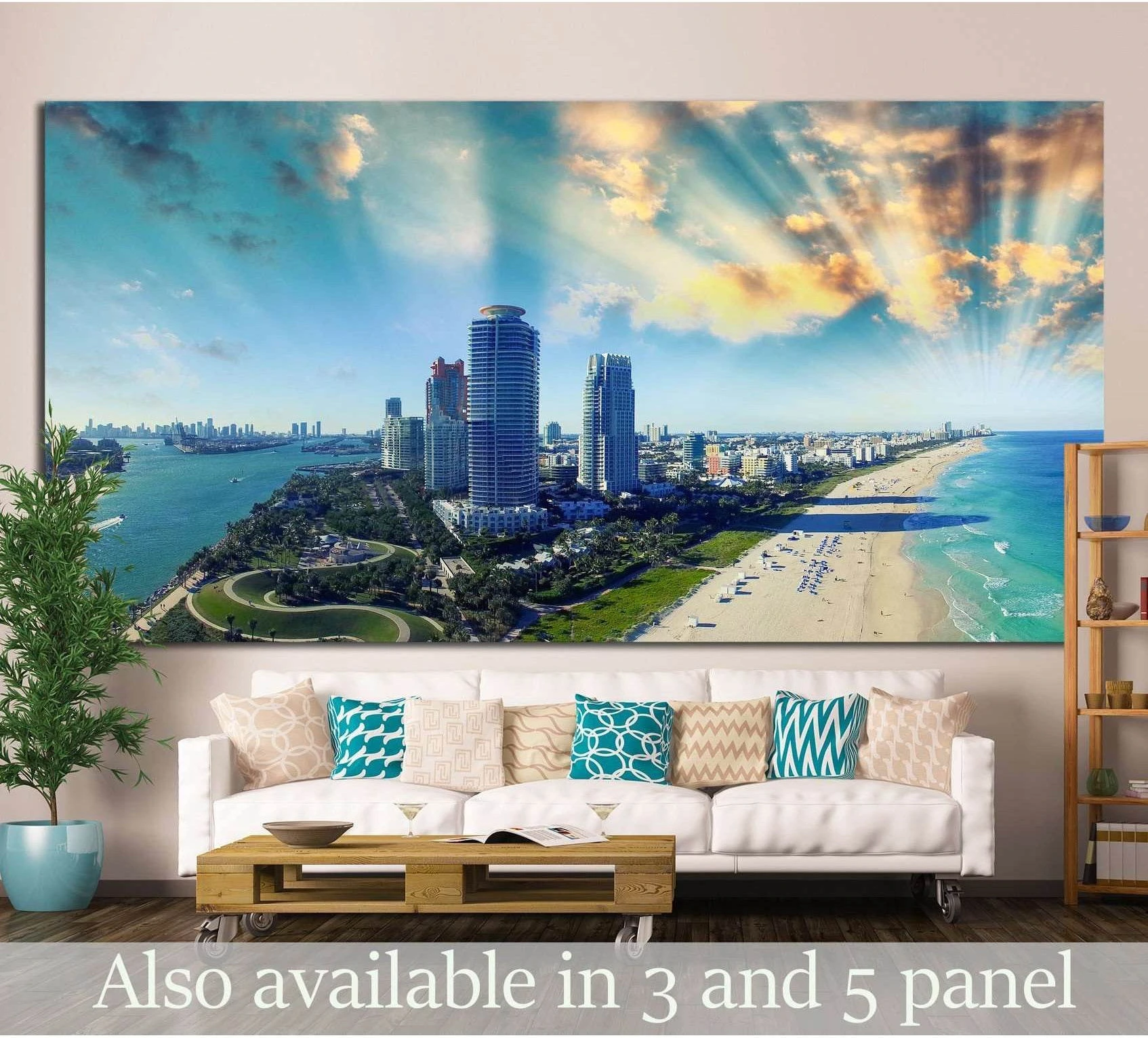 Aerial Miami Beach canvas print above a sofa with turquoise ocean, sandy shoreline, and skyline