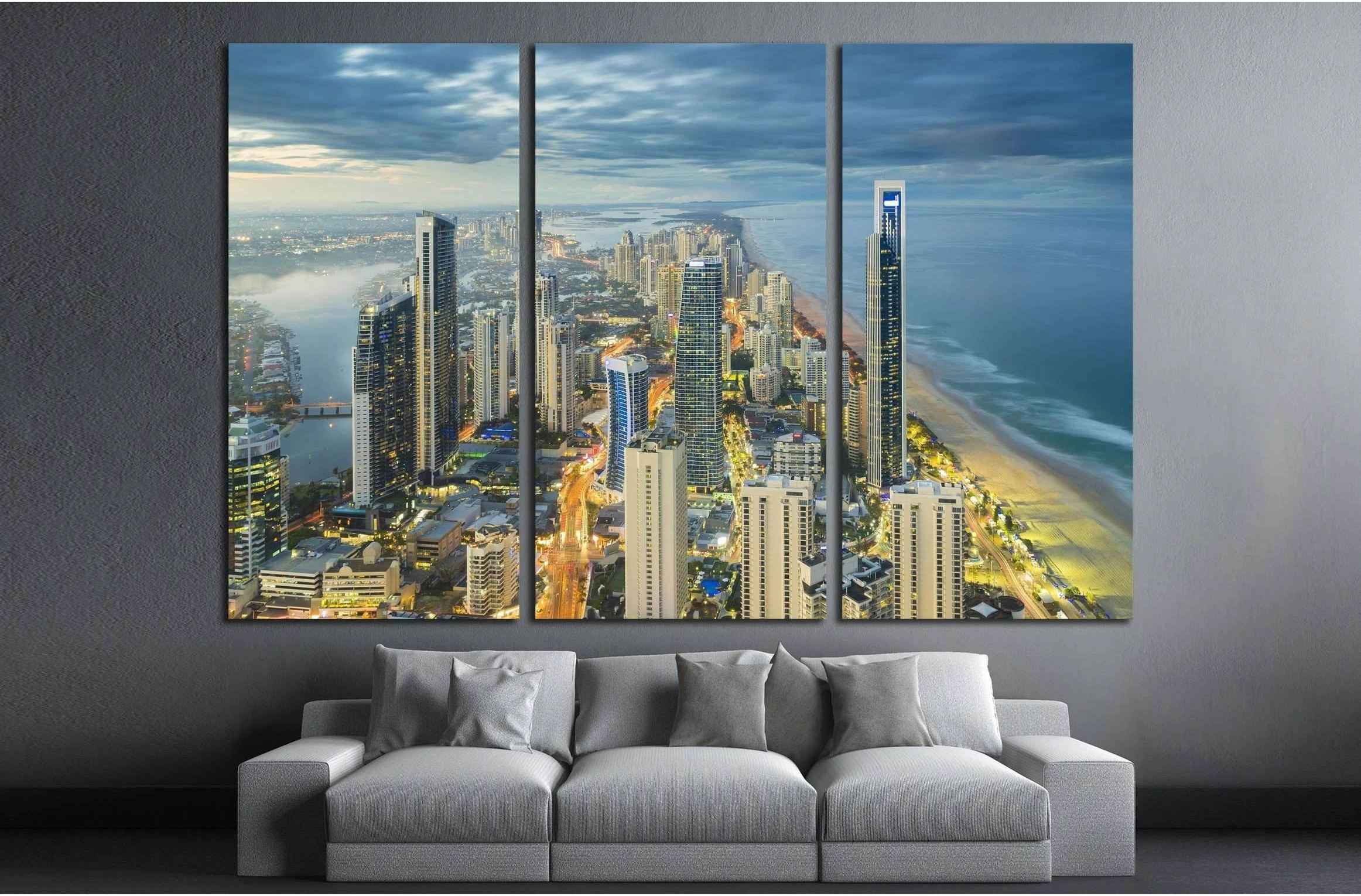 Aerial view of modern buildings with light trail at riverside at Gold Coast №2390 Ready to Hang Canvas Print - Zellart Canvas Prints ALL_Products, s-2390