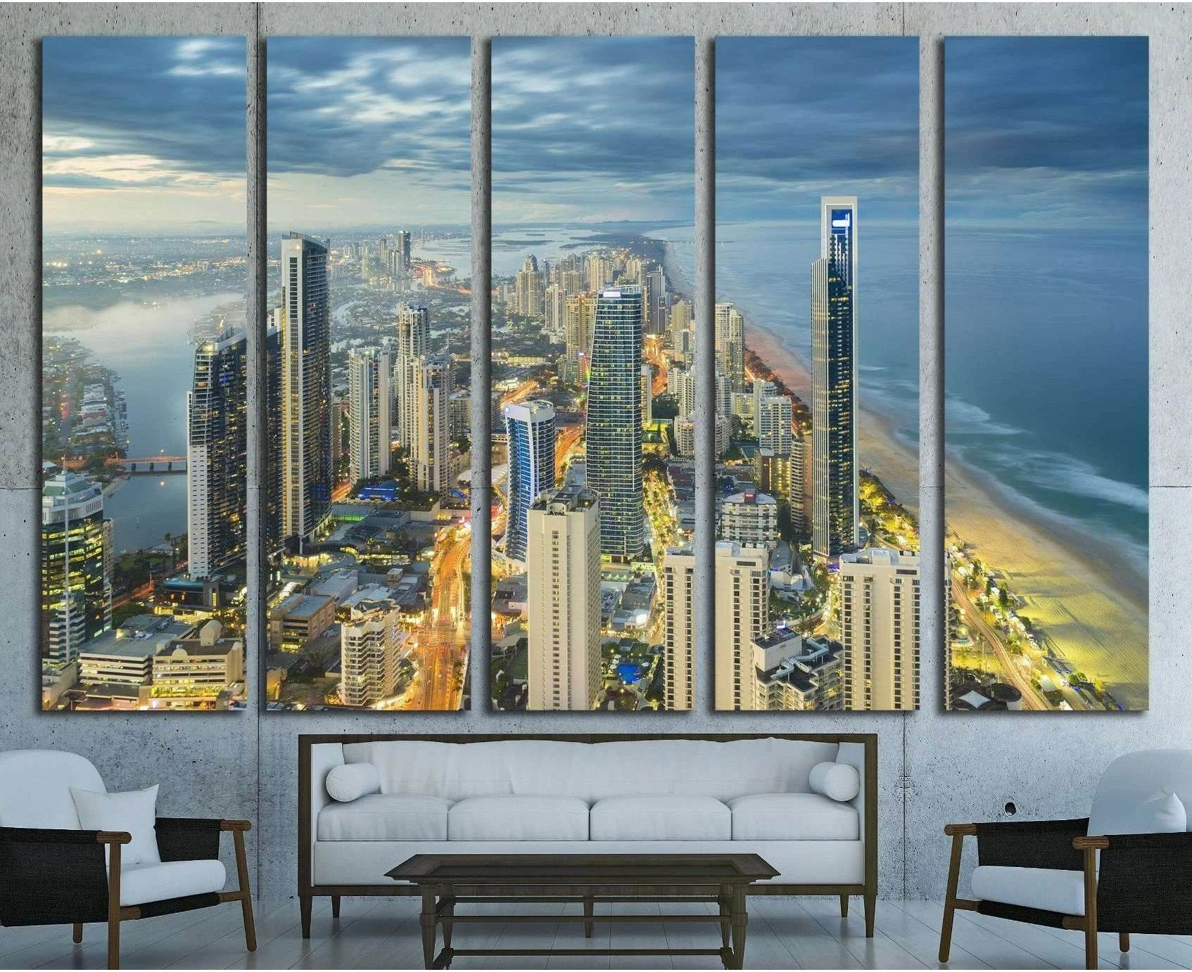 Gold Coast skyline canvas print in five panels above a sofa with beachfront towers at dusk