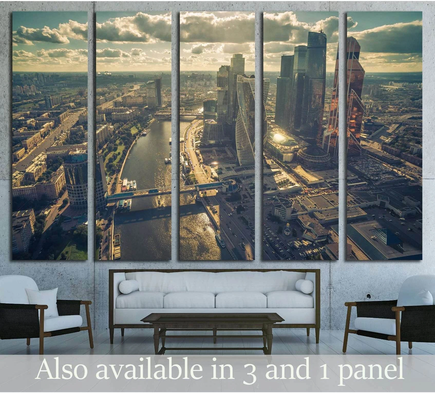 Moscow aerial cityscape canvas print in warm vintage tones displayed above a sofa in a modern living room