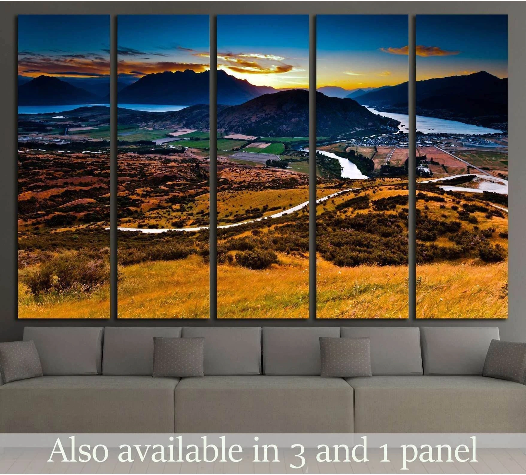 Queenstown New Zealand aerial landscape canvas print above sofa with lake, river, mountains, and golden sunset hills
