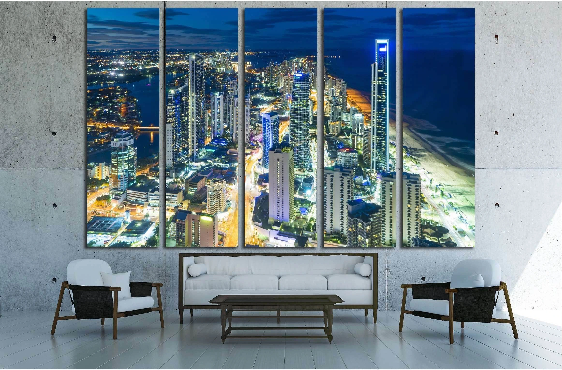 Aerial view of skyline with light trail at Gold Coast, Australia at night №2971 Ready to Hang Canvas Print - Zellart Canvas Prints ALL_Products, s-2971