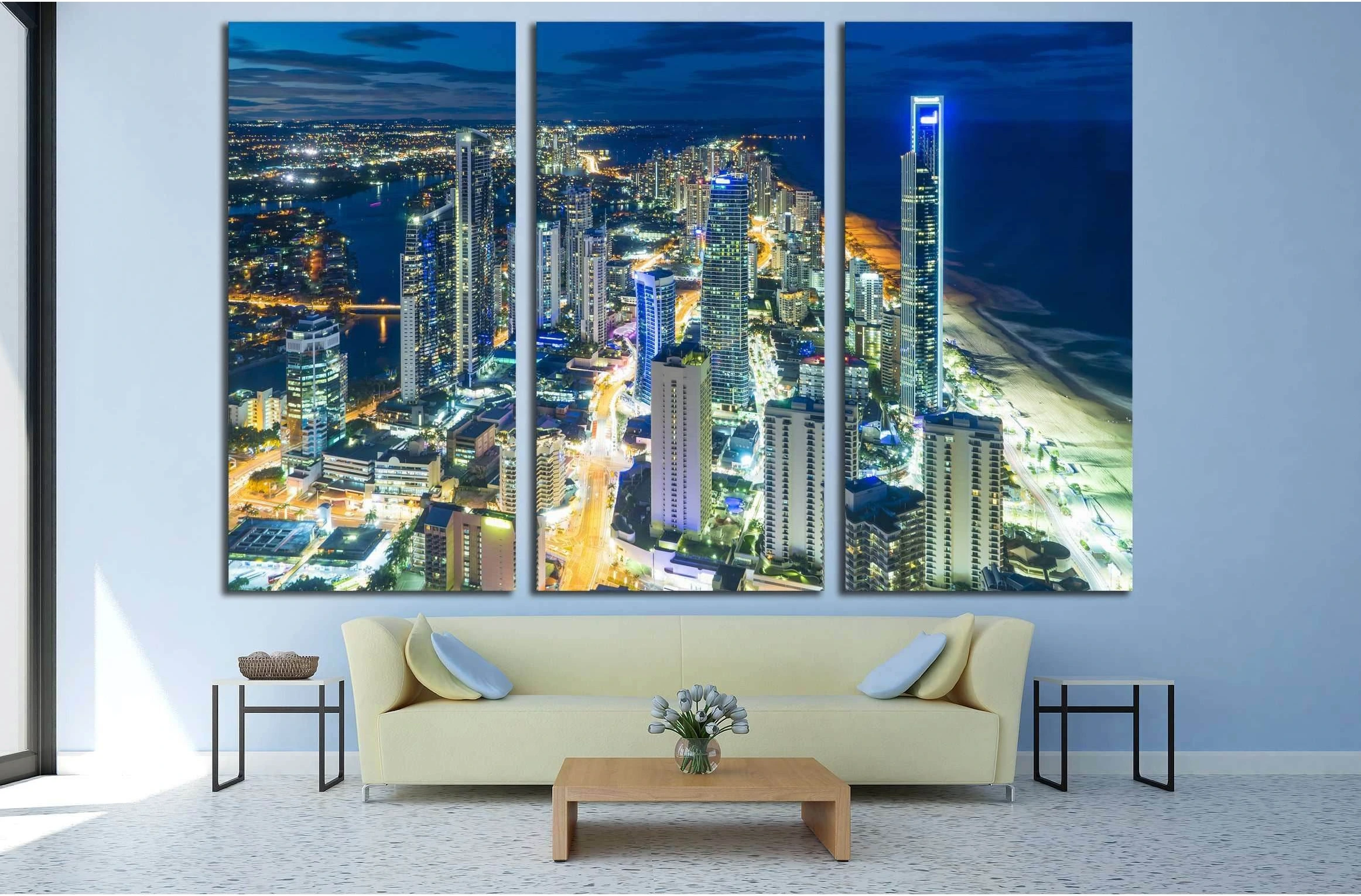 Aerial view of skyline with light trail at Gold Coast, Australia at night №2971 Ready to Hang Canvas Print - Zellart Canvas Prints ALL_Products, s-2971