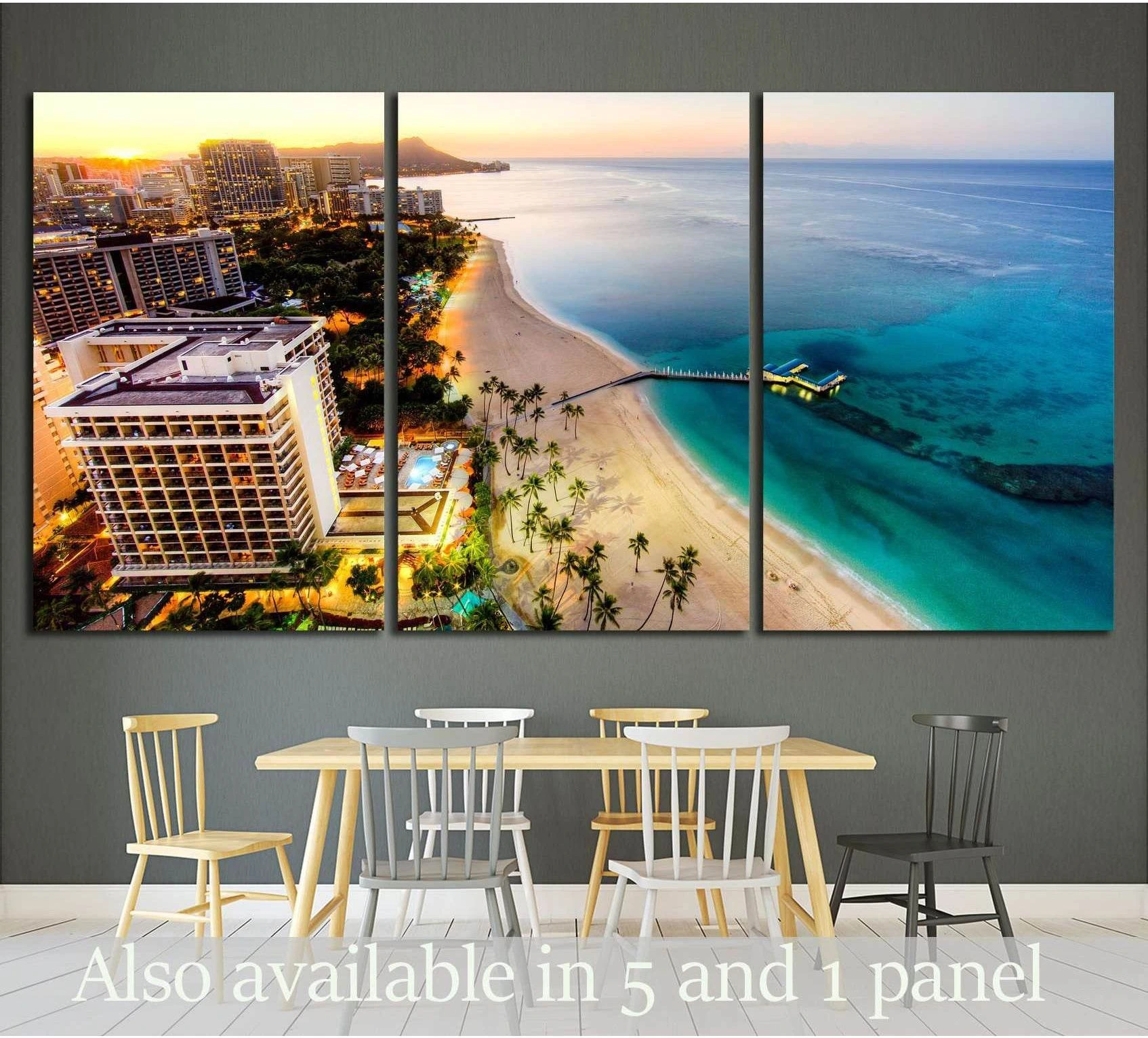 Waikiki Beach sunrise aerial triptych canvas print above dining table in a modern coastal room
