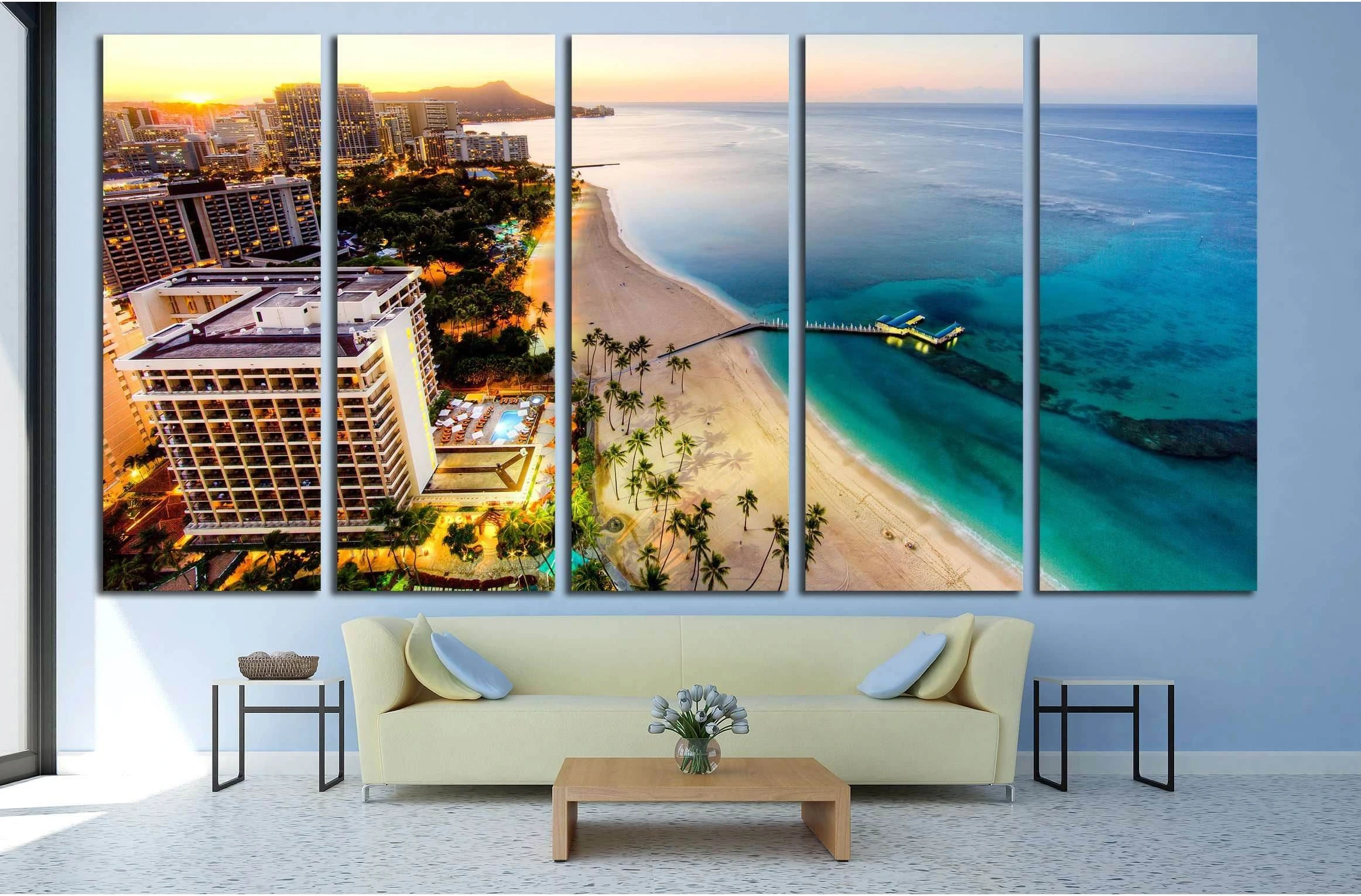 Aerial View of Sunrise at Waikiki Beach №1717 Ready to Hang Canvas Print - Zellart Canvas Prints ALL_Products, s-1717