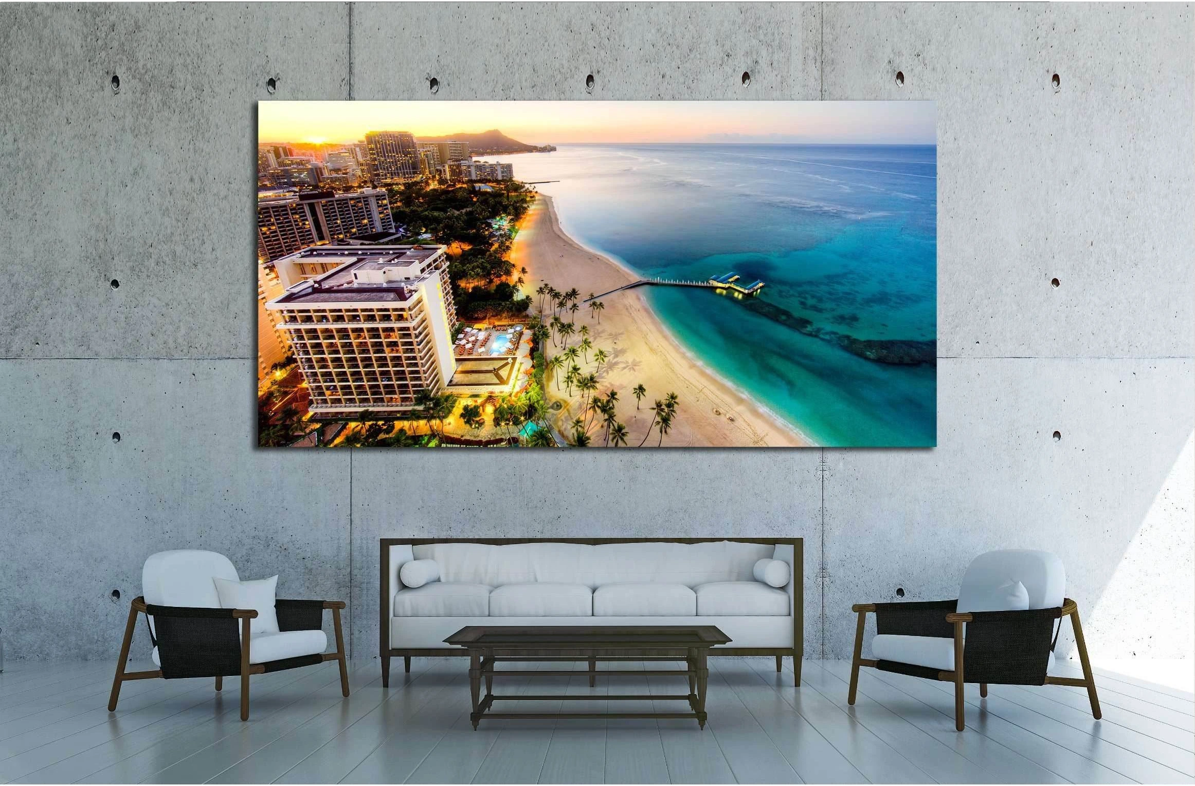 Aerial View of Sunrise at Waikiki Beach №1717 Ready to Hang Canvas Print - Zellart Canvas Prints ALL_Products, s-1717