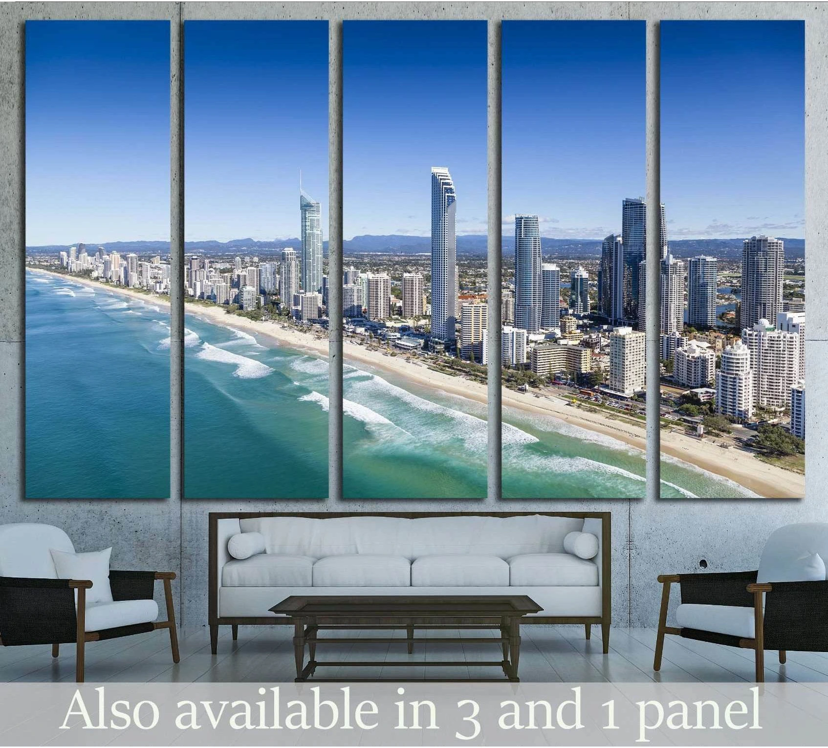 Five-panel Surfers Paradise canvas print with Gold Coast skyline and beach aerial view
