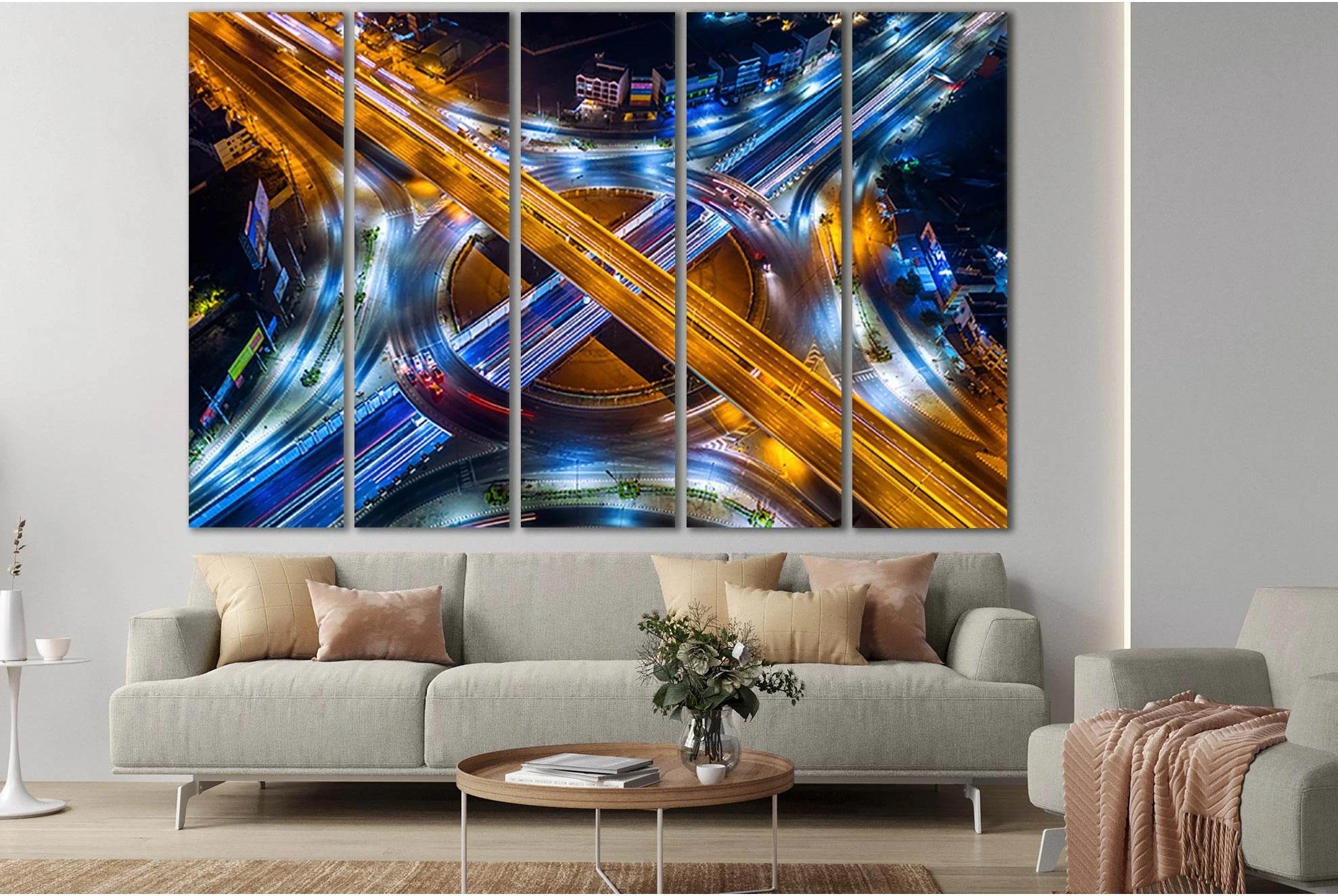 Aerial View Of The Highway At Night №SL368 Ready to Hang Canvas Print - Zellart Canvas Prints 0new, ALL_Products, Cityscapes & Skylines
