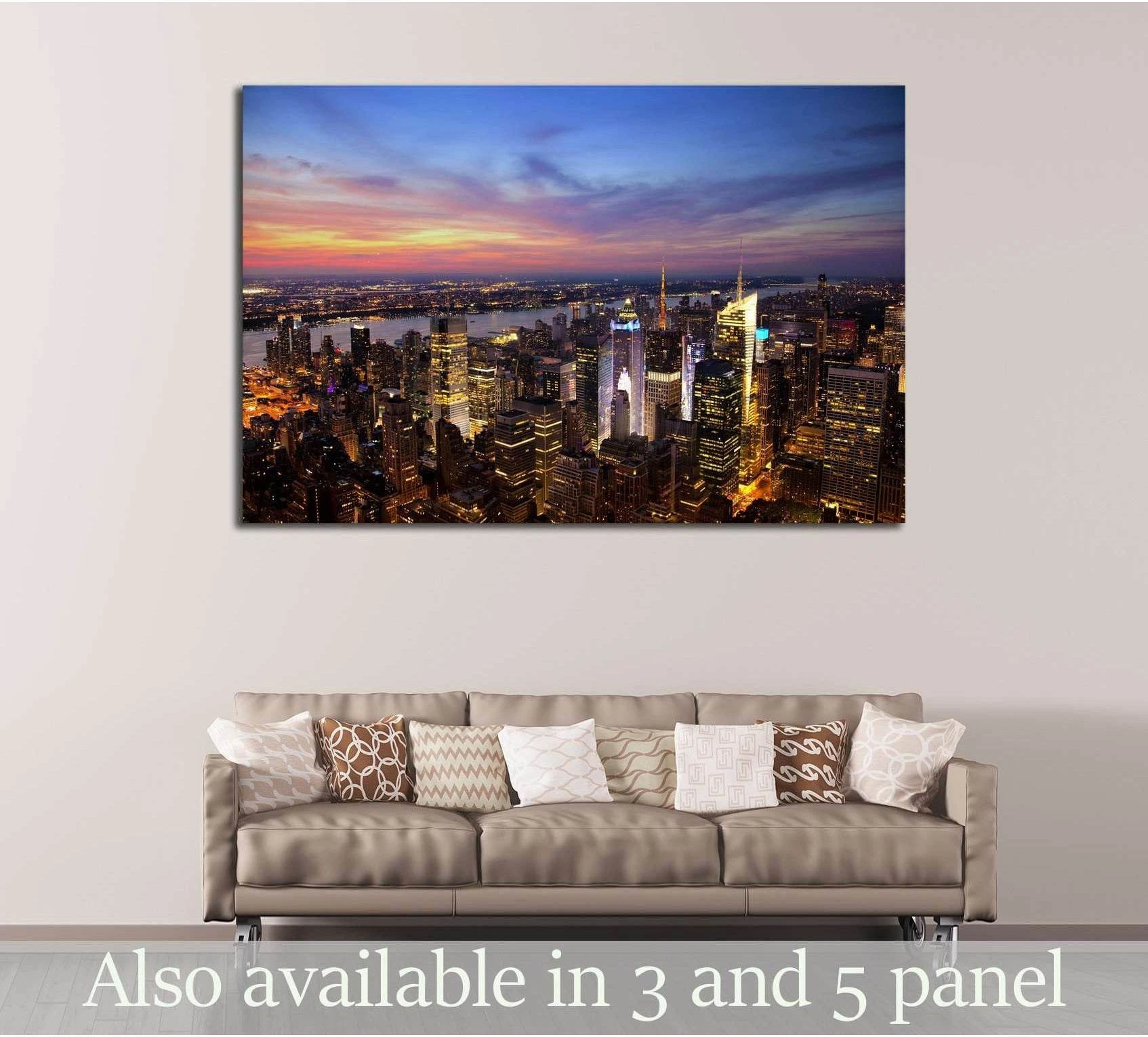 New York City skyline sunset canvas print hung above a sofa in a modern living room