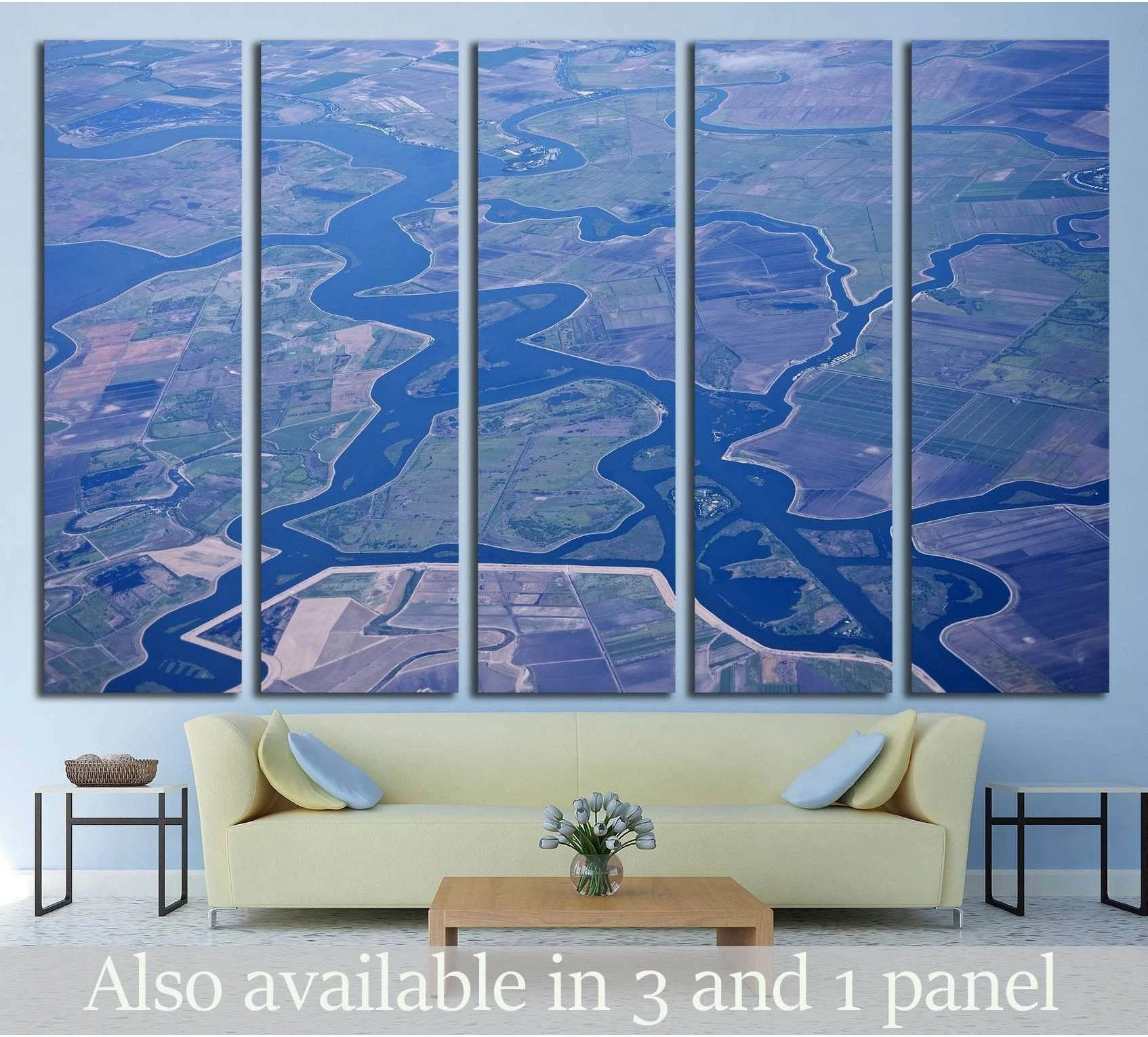Aerial Sacramento San Joaquin River Delta canvas print above sofa in a modern living room