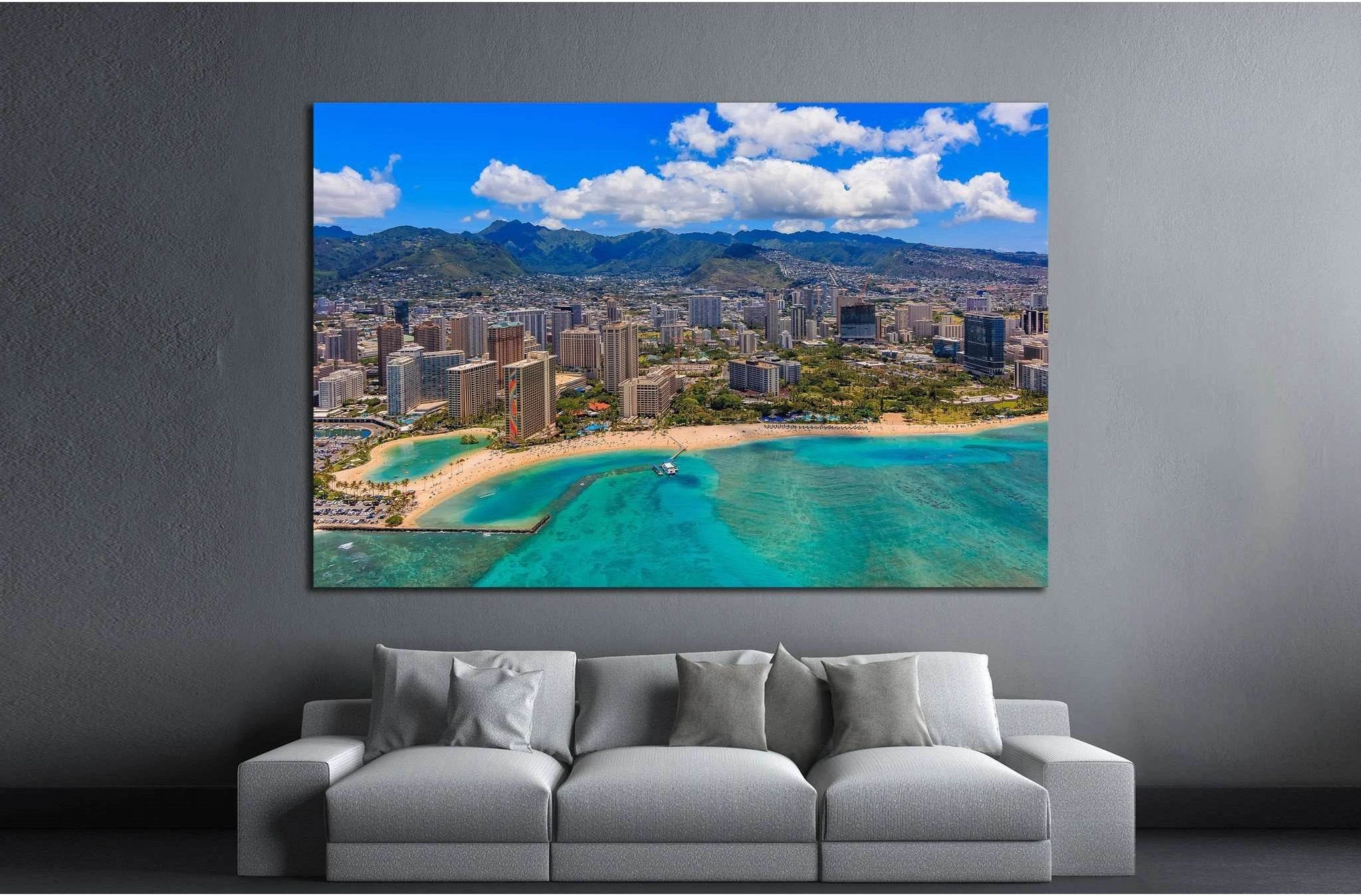 Aerial view of Waikiki Beach in Honolulu Hawaii from a helicopter №1754 Ready to Hang Canvas Print - Zellart Canvas Prints ALL_Products, s-1754
