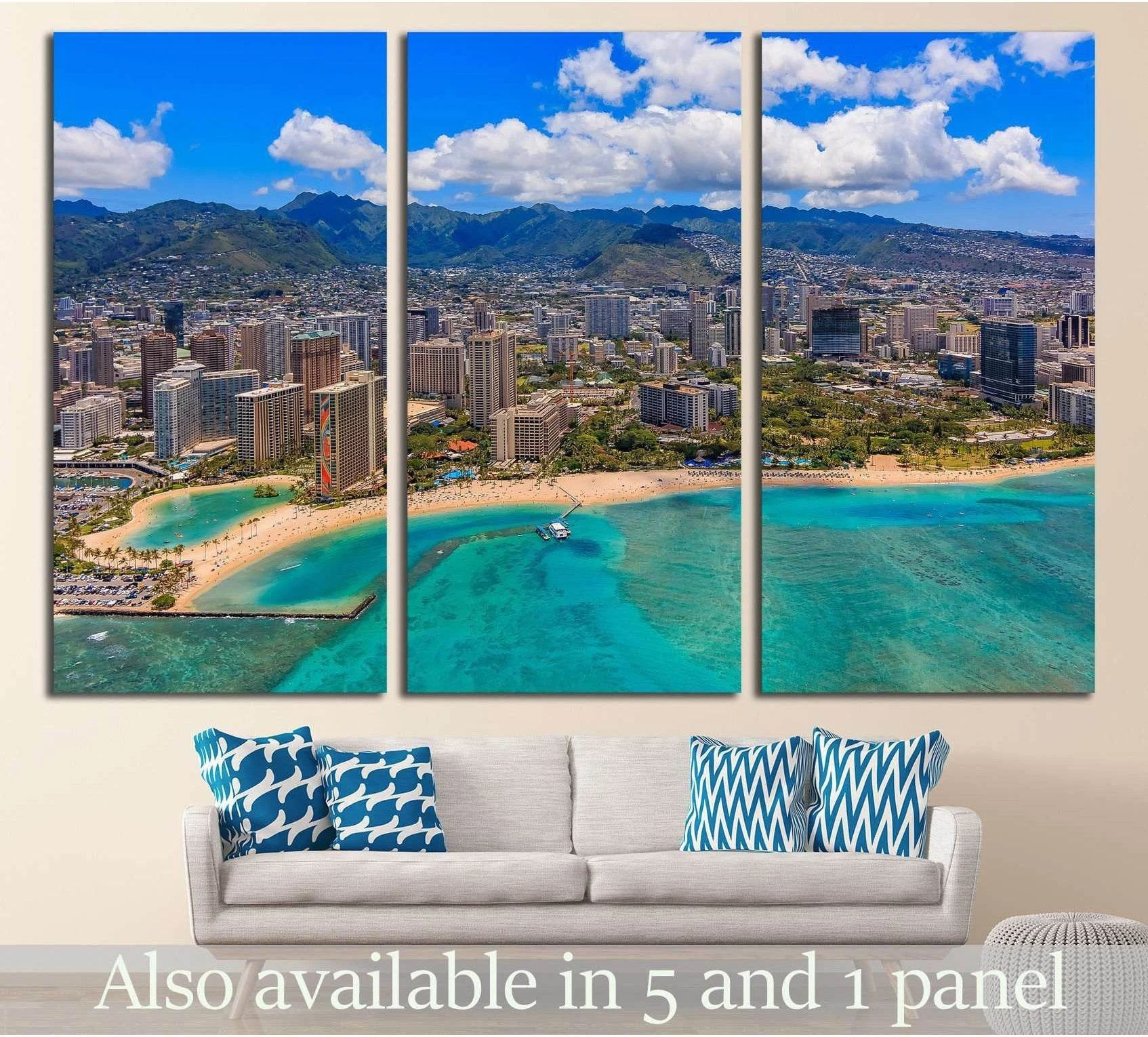 Aerial Waikiki Beach canvas print with Honolulu skyline and turquoise water above a sofa
