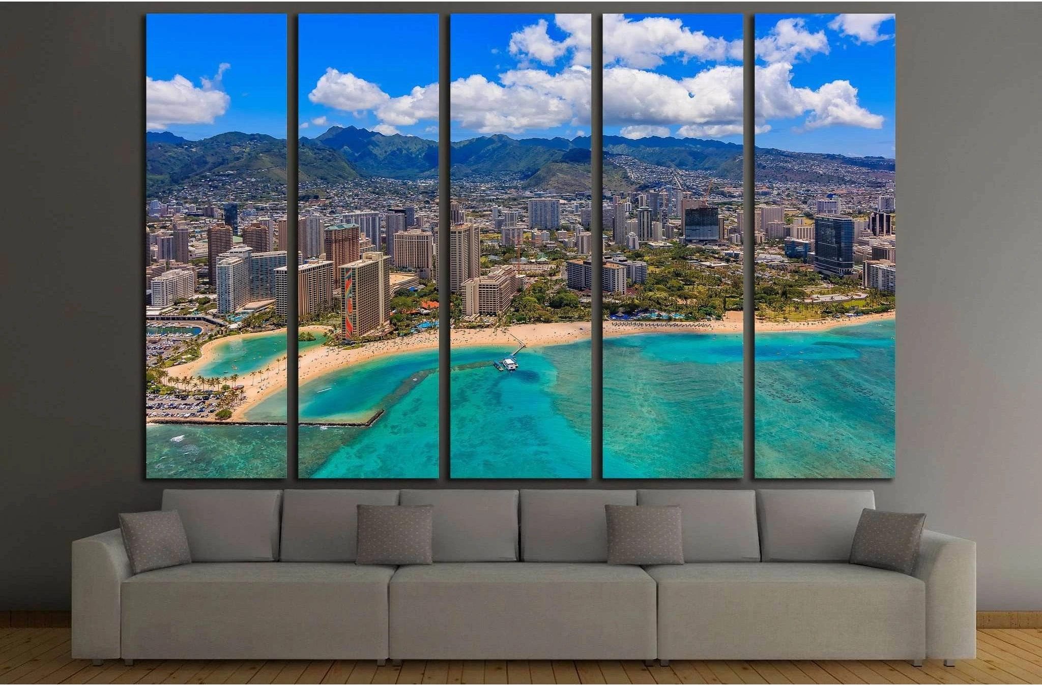 Aerial view of Waikiki Beach in Honolulu Hawaii from a helicopter №1754 Ready to Hang Canvas Print - Zellart Canvas Prints ALL_Products, s-1754