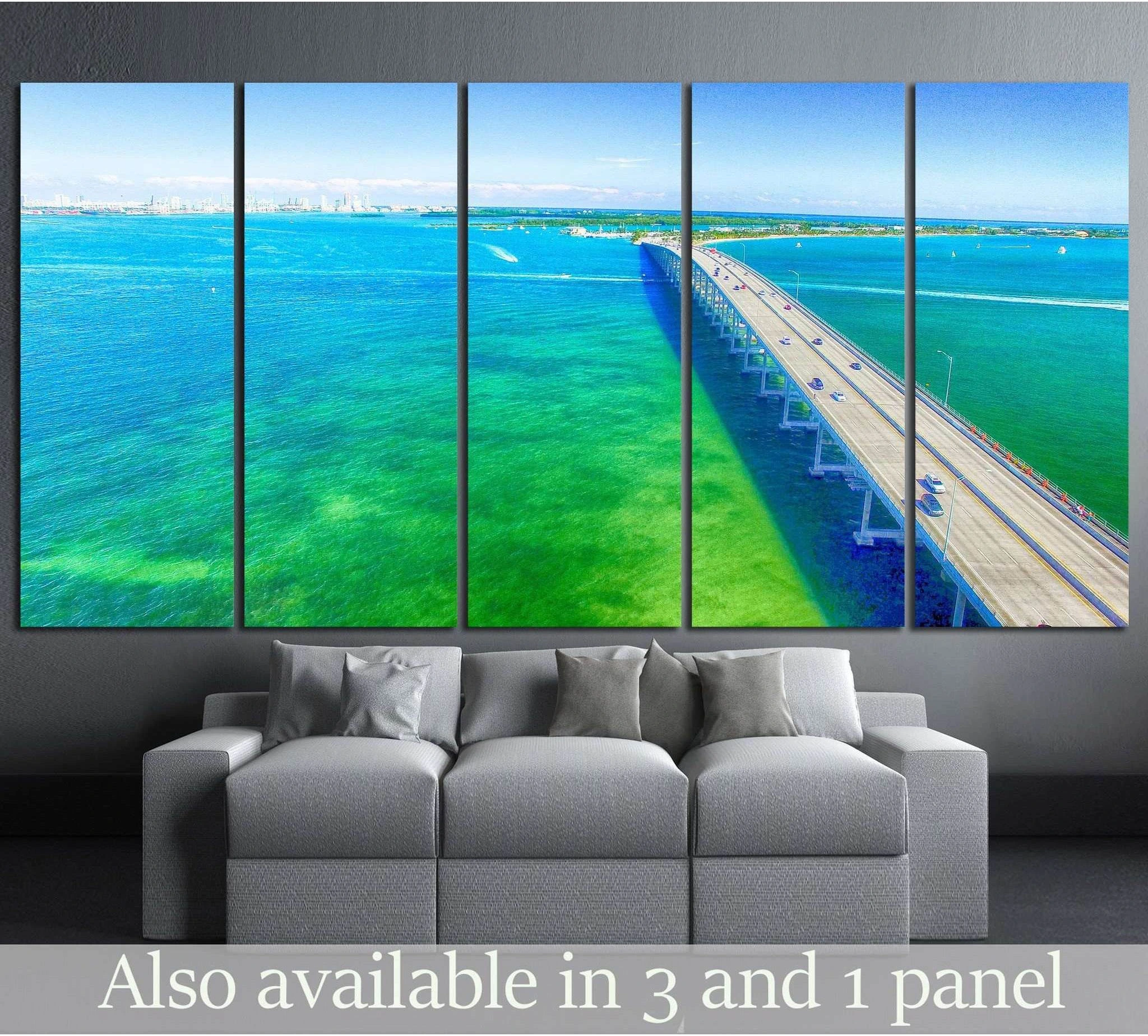 Miami aerial bridge canvas print over turquoise ocean, displayed above sofa in modern living room