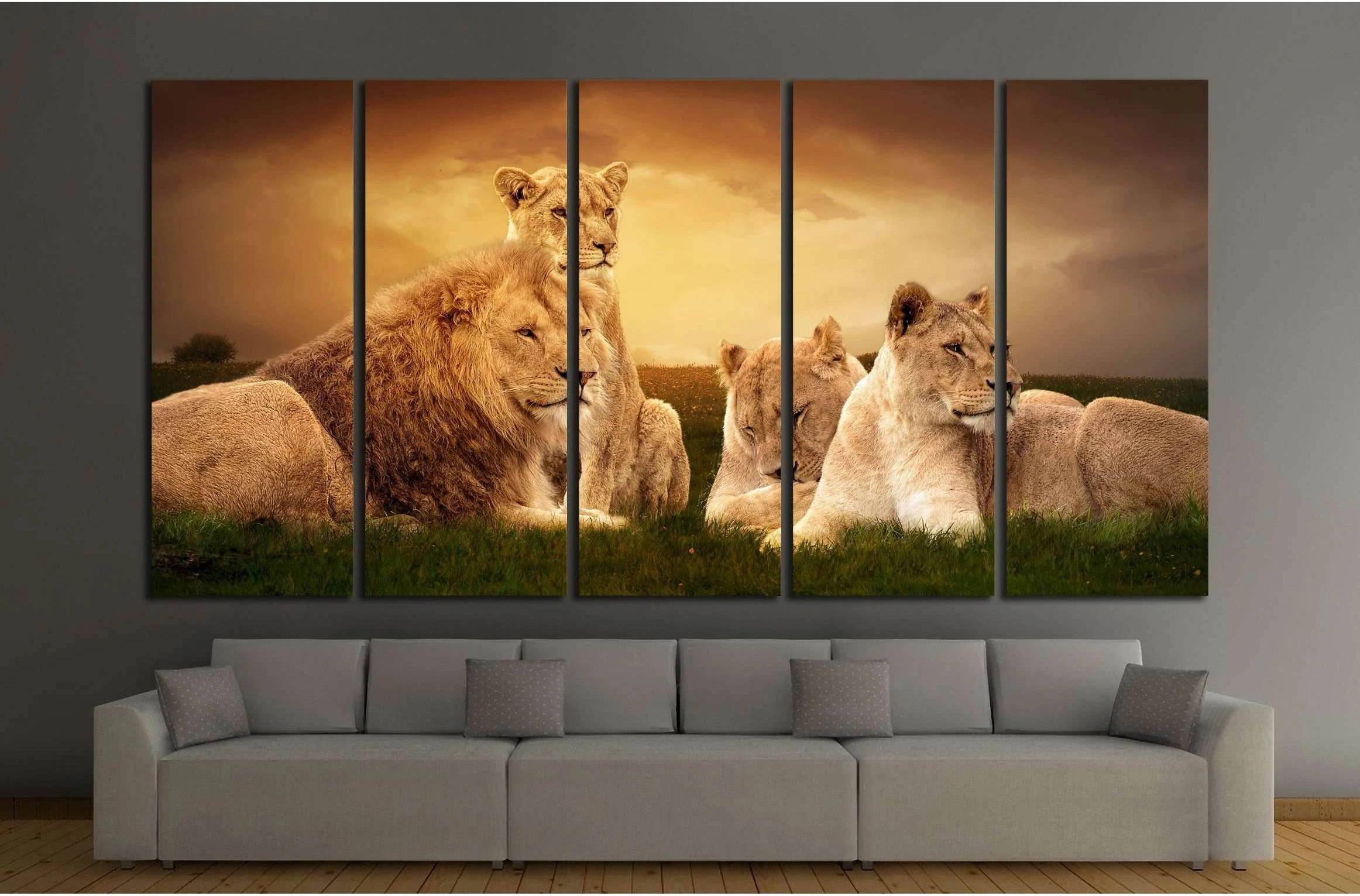 African lions resting at sunset in the grass №2370 Ready to Hang Canvas Print - Zellart Canvas Prints ALL_Products, Lion, s-2370
