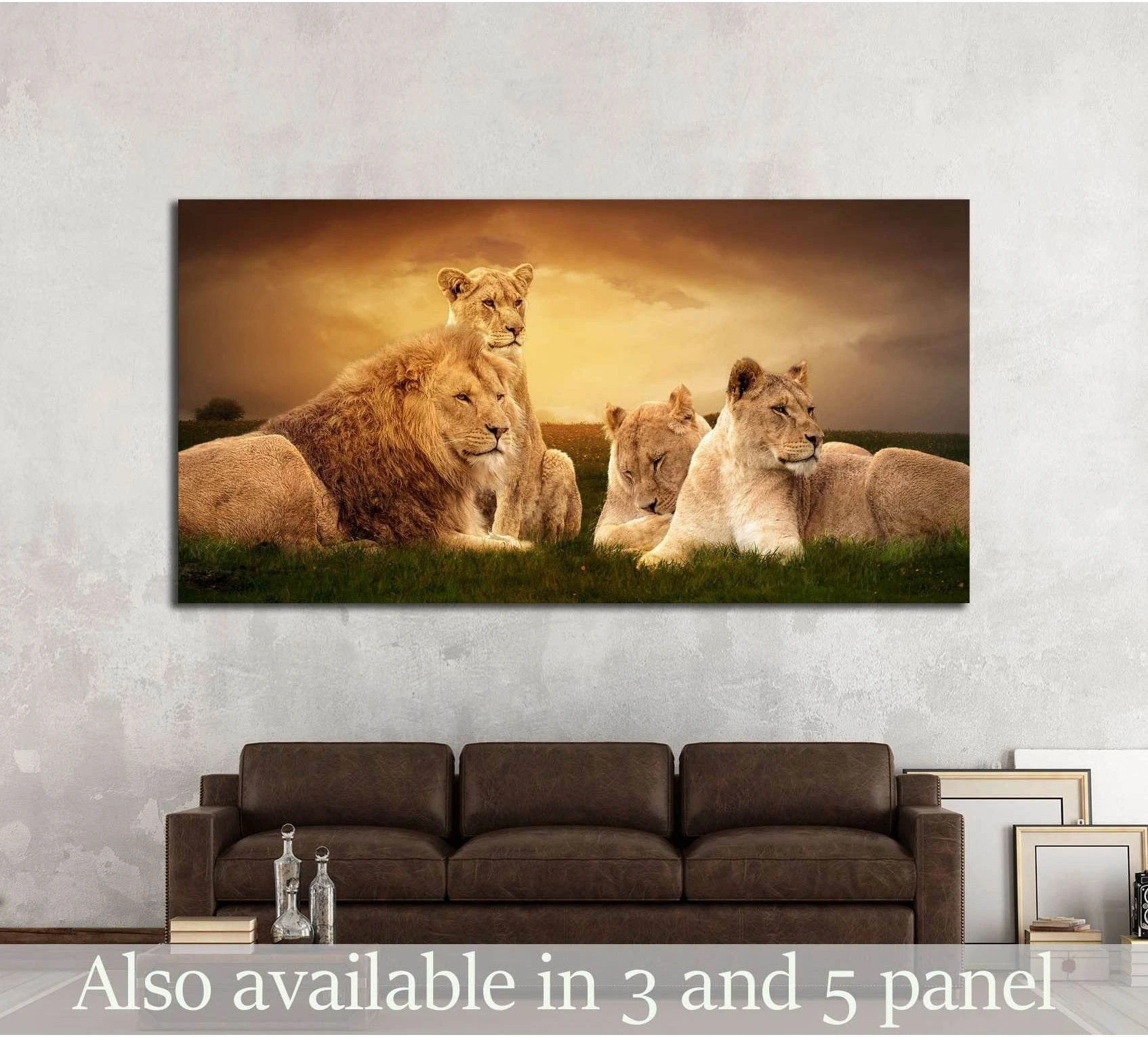 African lion family canvas print with resting lions in sunset grassland, displayed above a sofa