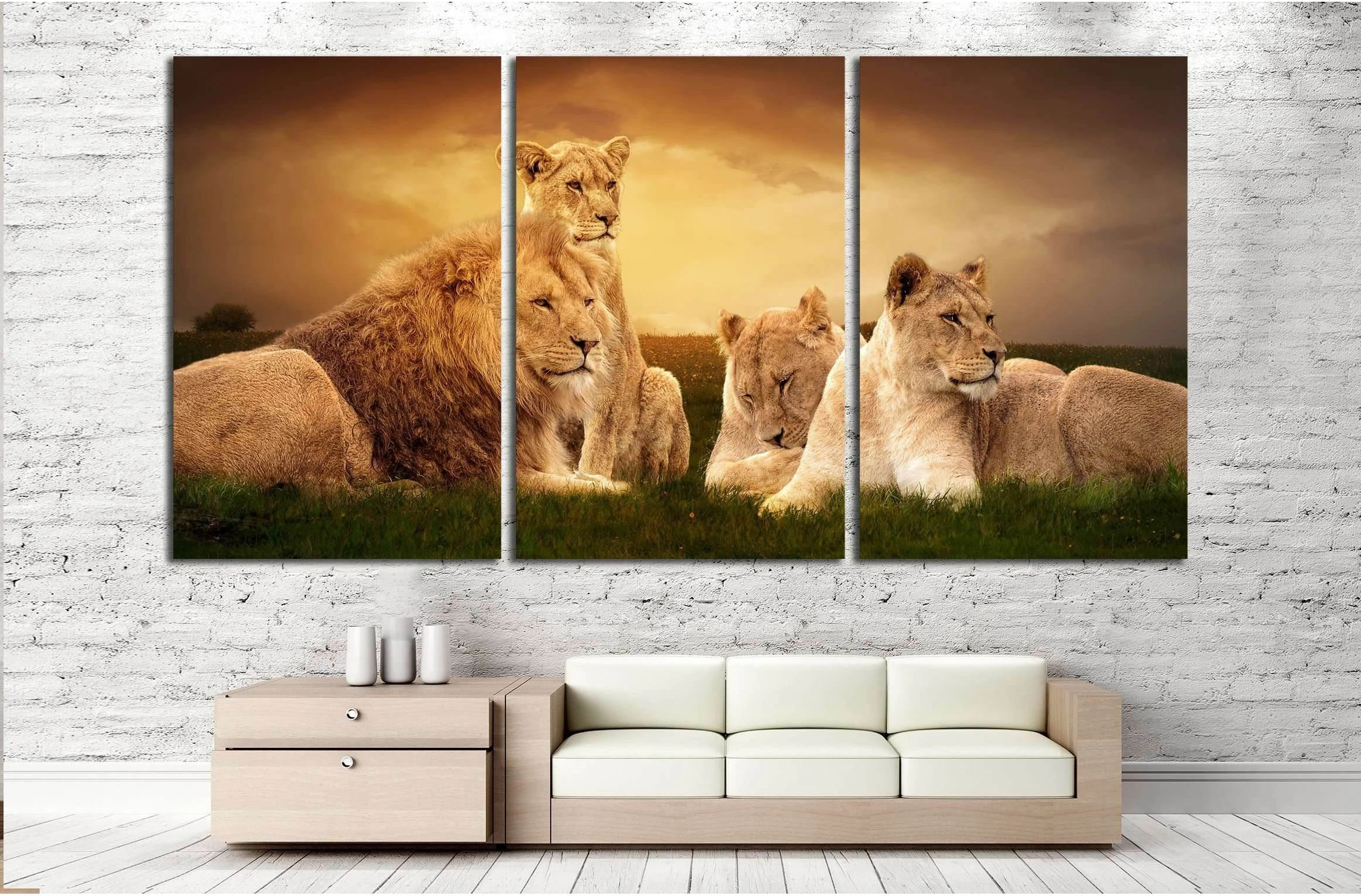 African lions resting at sunset in the grass №2370 Ready to Hang Canvas Print - Zellart Canvas Prints ALL_Products, Lion, s-2370