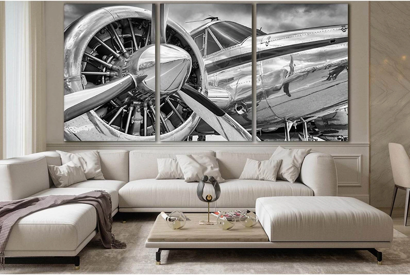 A close-up black and white photo of an old-fashioned biplane’s propeller