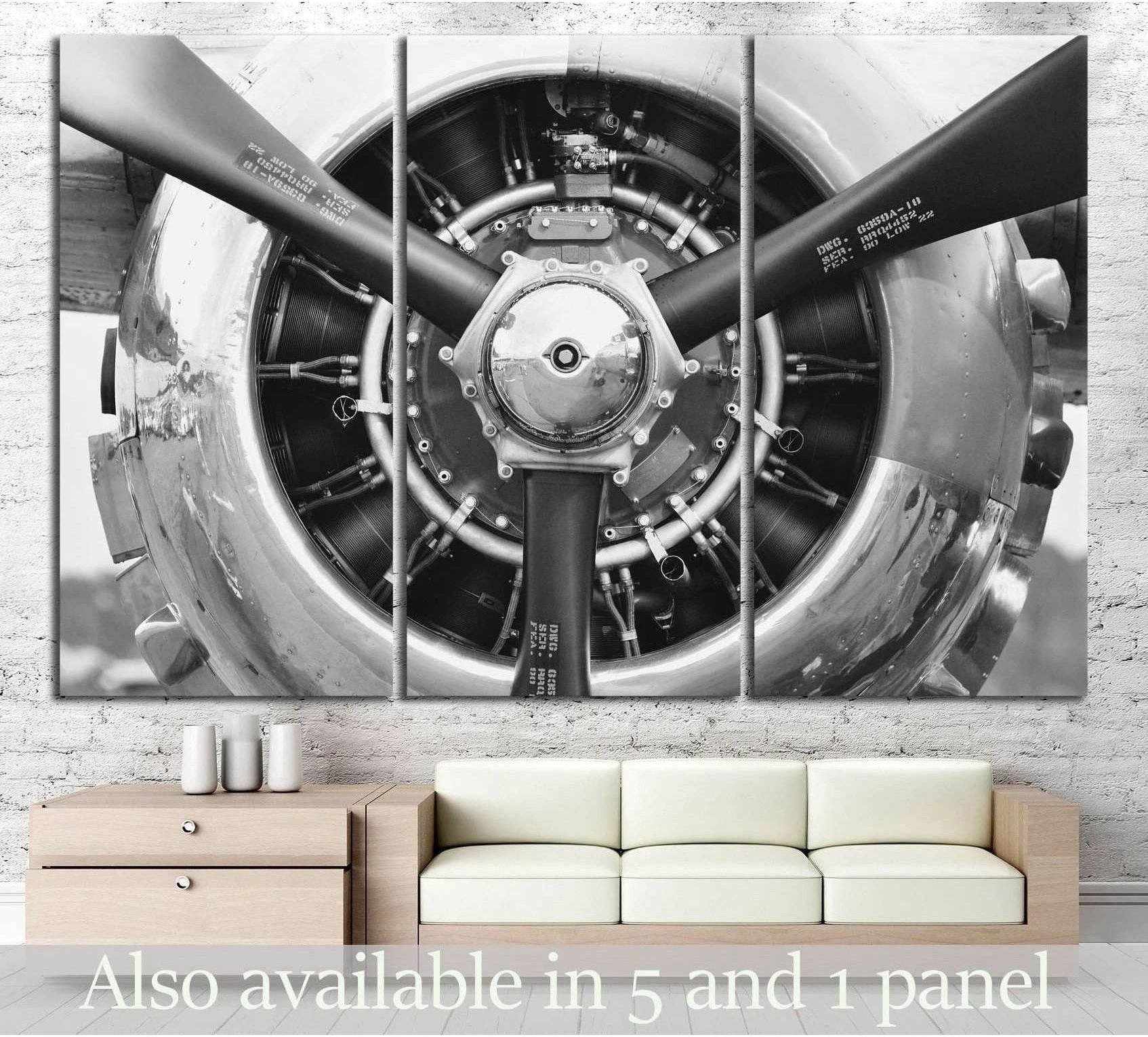 Black and white aircraft propeller canvas print with vintage radial engine in triptych format