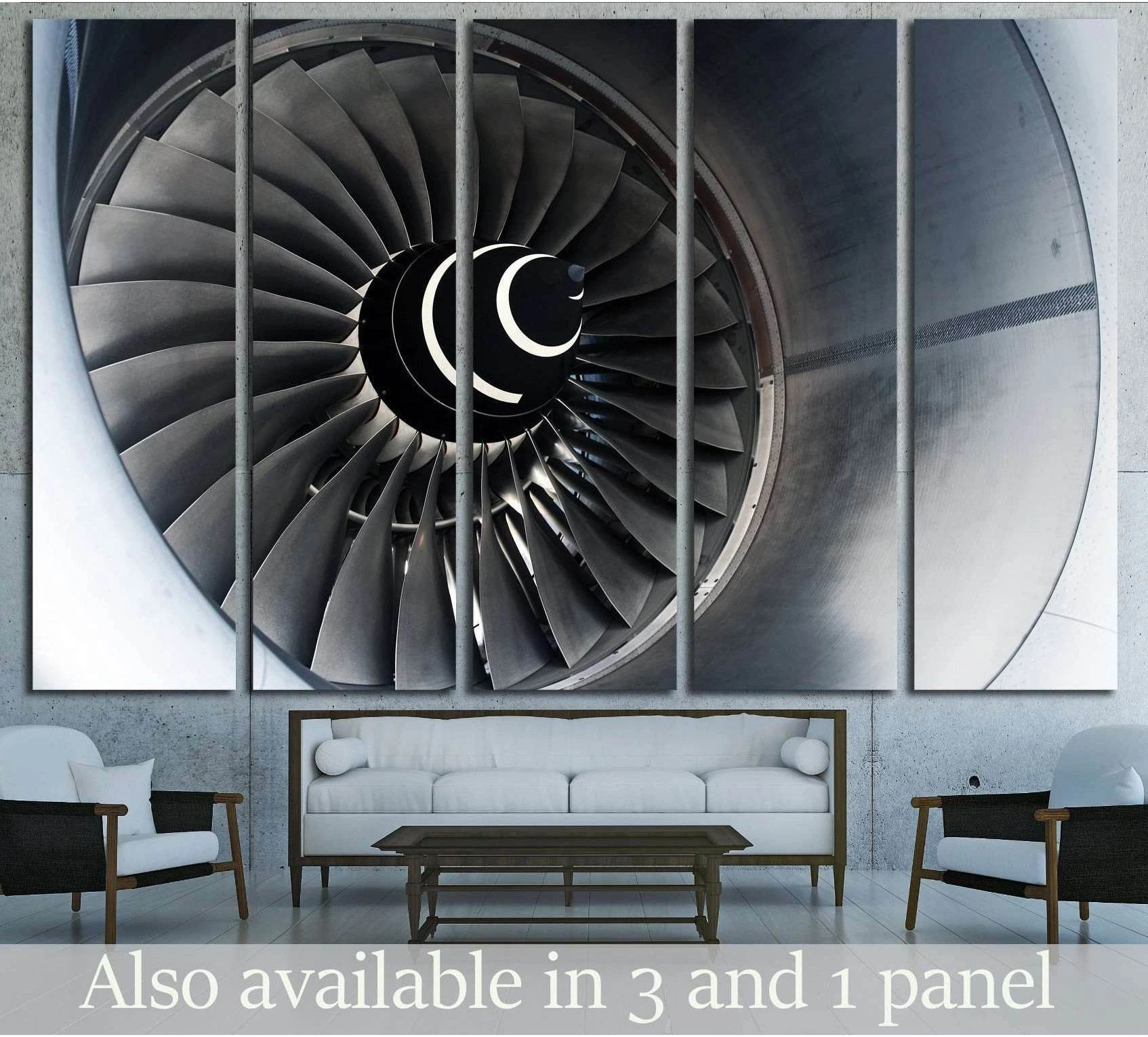 Close-up turbofan engine canvas print in black and white, displayed above a sofa in a modern living room