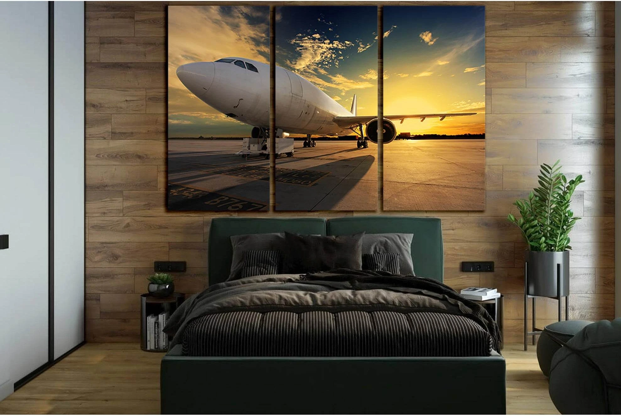 Airplane At Sunset №SL1427 Ready to Hang Canvas Print - Zellart Canvas Prints 0new, ALL_Products, Engine